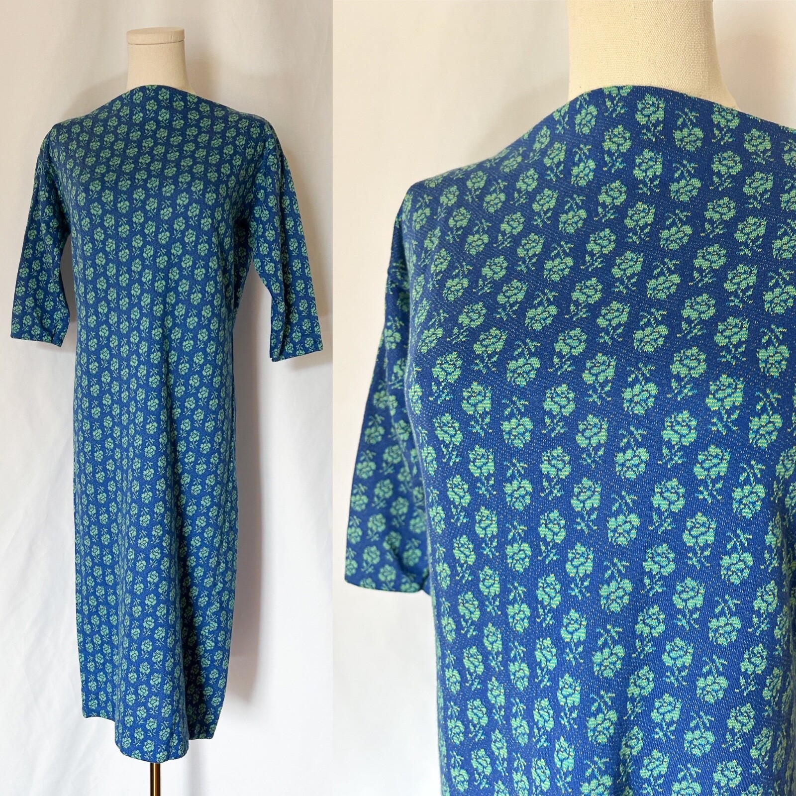 Vintage 70s Blue/Green Rose Floral Sack Boat Neck Midi Dress 3/4 Sleeves SM