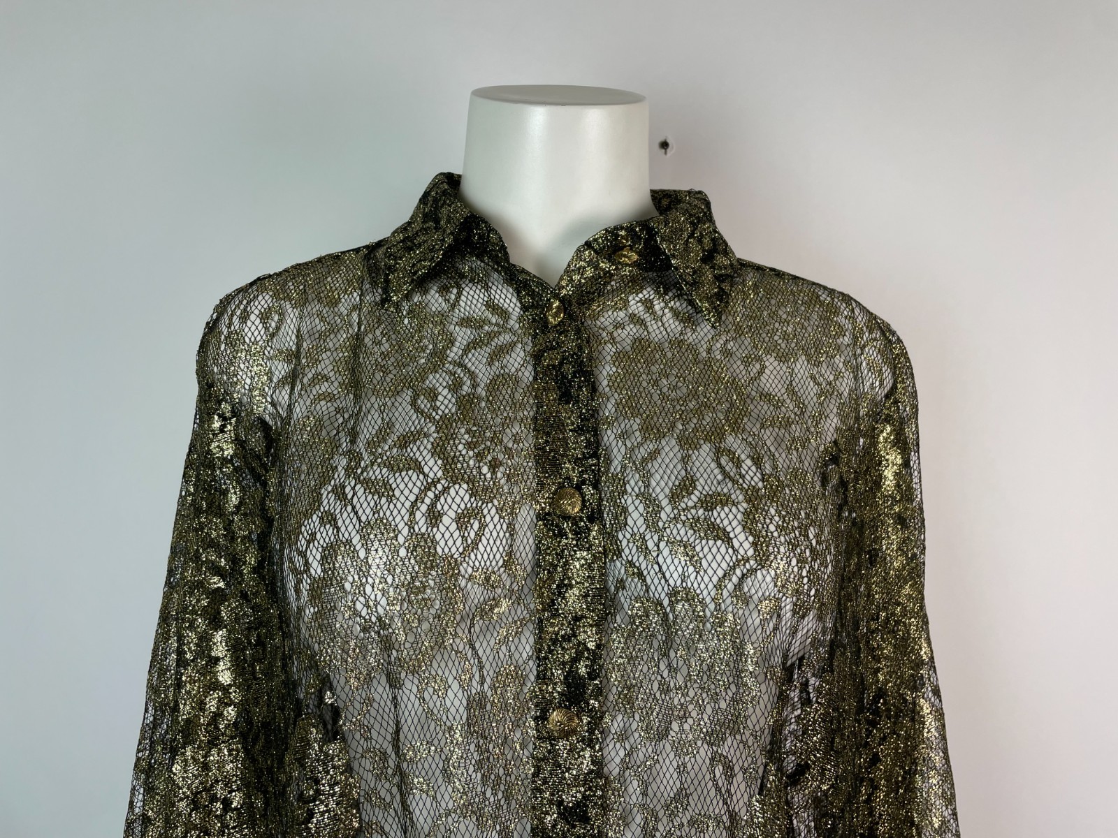Vintage 80s OVERSIZED I. MAGNIN gold black sheer long sleeve blouse top 2 USA