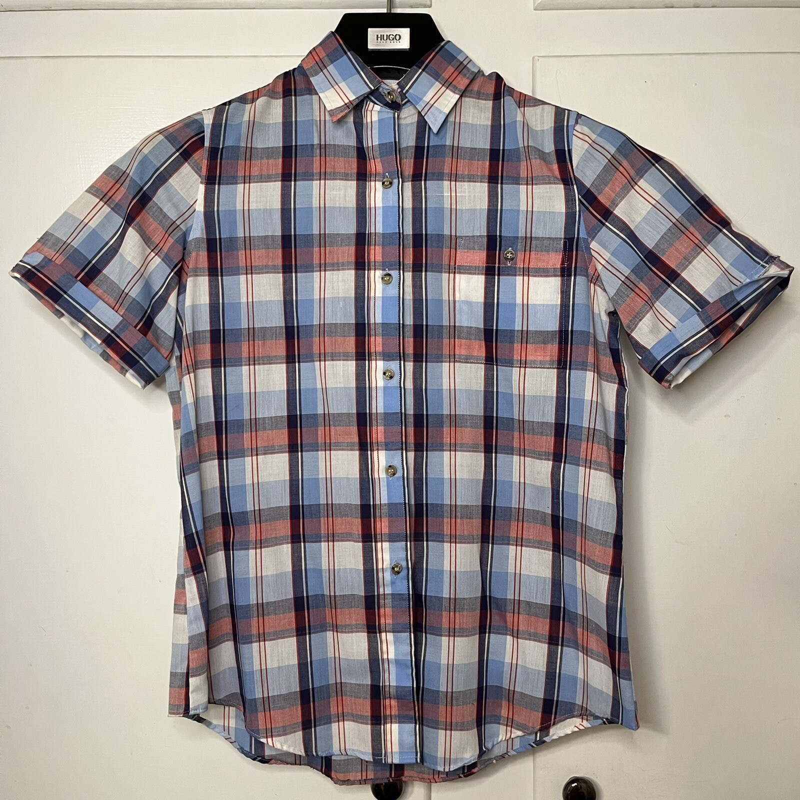 Vintage 80s Red White Blue Plaid Short Sleeve Button Up Shirt