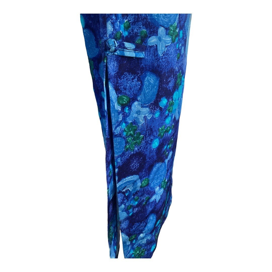 Vtg 60’s Richard Douglas Hawaii Maxi Dress Blue Floral Cheongsam Wiggle Sateen S