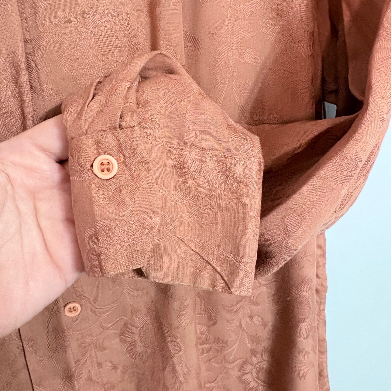 Vintage John Meyer 70s Embossed Floral Jacquard Blouse Terracotta Pink Size 14