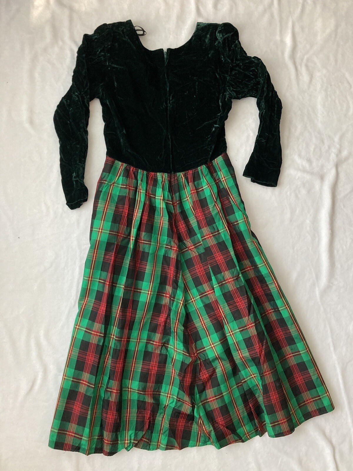 80’S Lanz Originals Plaid Puff Sleeve Bow Christmas Dress Sz 14 100% Acetate Vtg