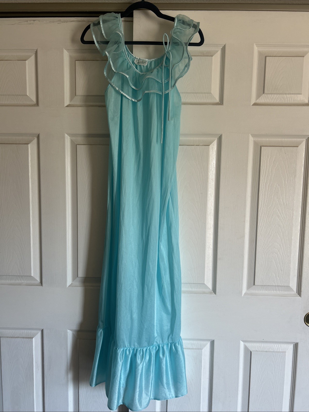 Vintage Spotlight M Nightgown USA Sheer Ruffled Neck W/Bow Ruffled Hem Icy Blue