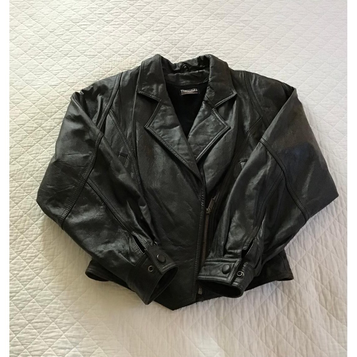 Vintage Wilsons Black Leather Moto Jacket Thinsulate Tie Up Back Biker Coat Sz S