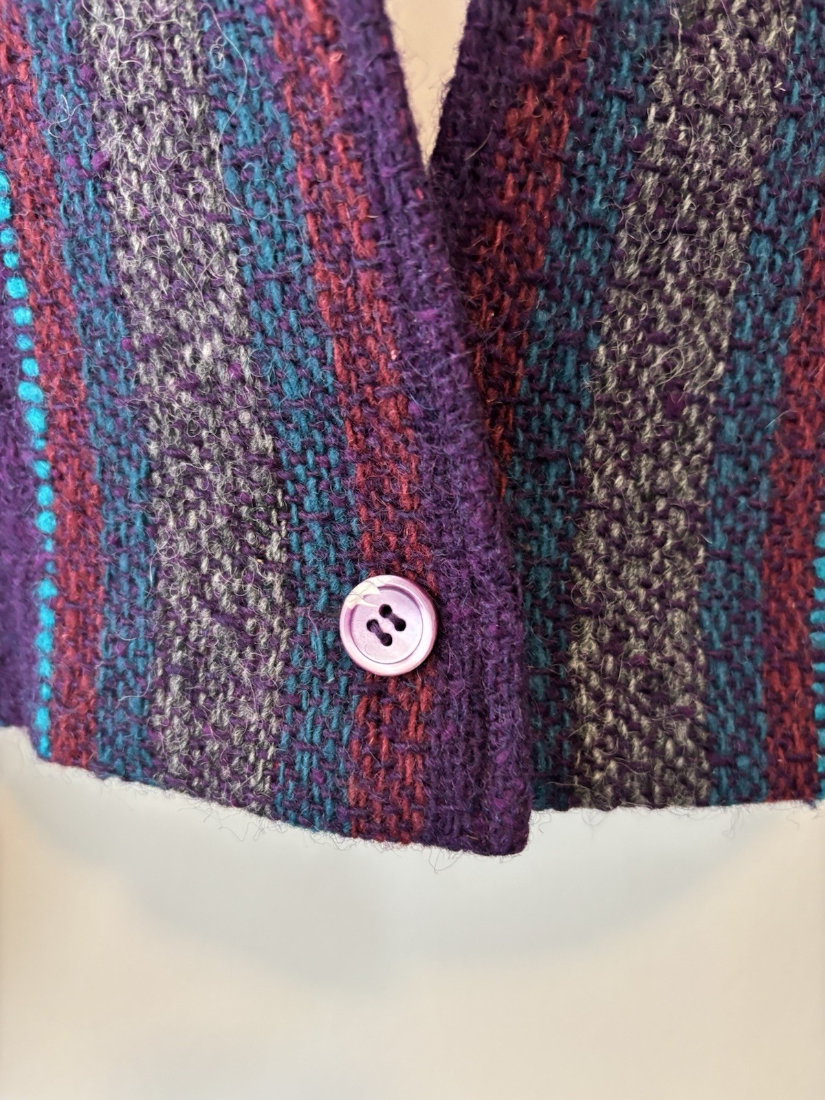 Vintage Fenn Wright Manson Wool Blend Open Jacket Purple Red Blue Cropped