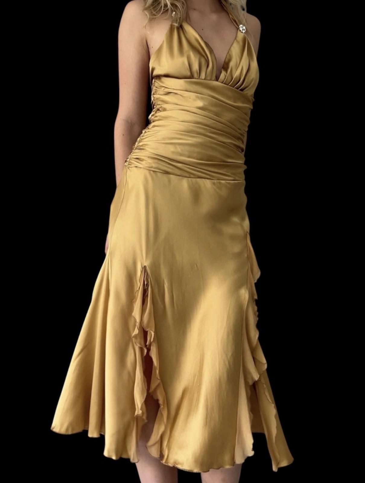 Vintage Y2K Cache Gold 100% Silk Chiffon Ruffle Tie Back Halter Dress Size 8