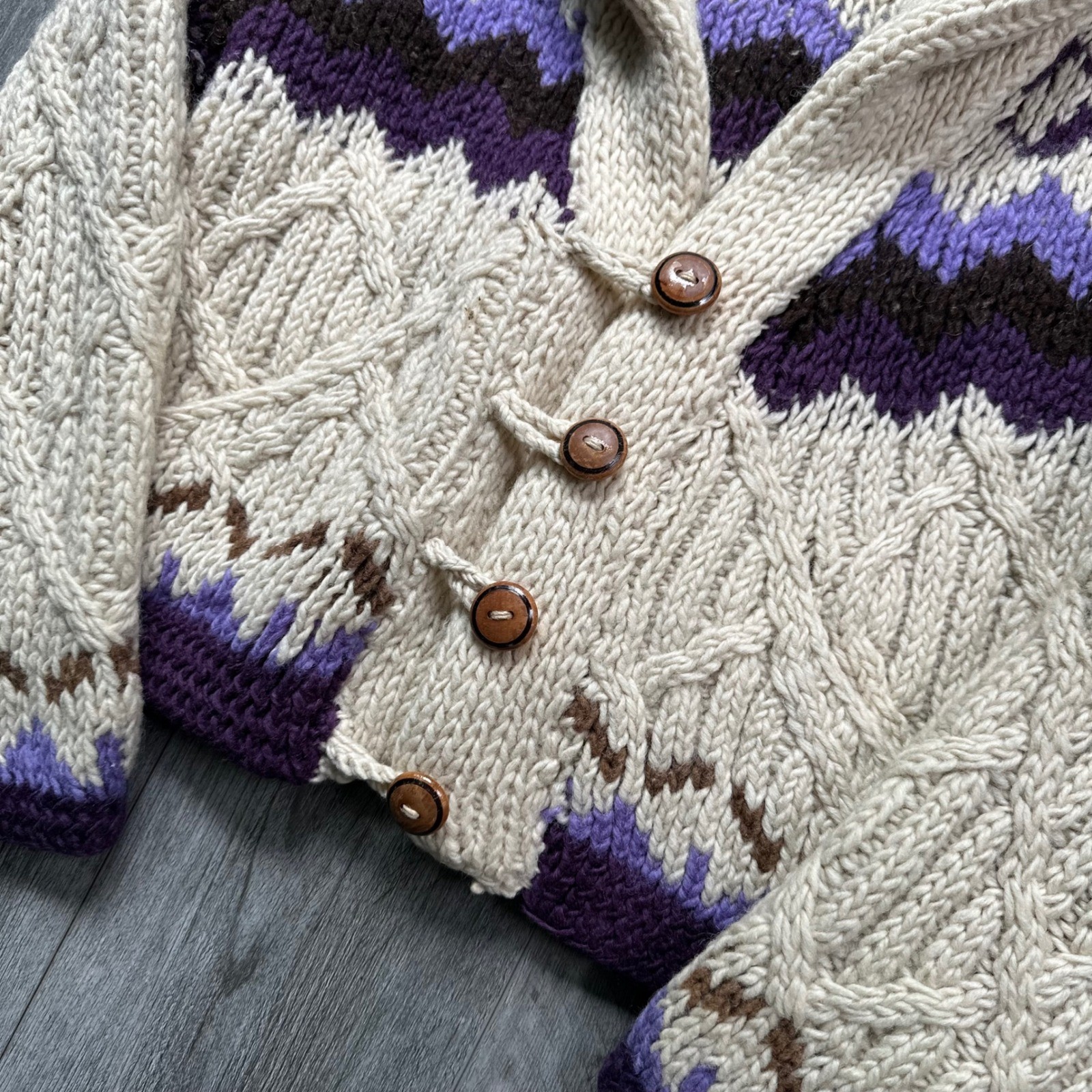 VTG Handmade Angela Campos de Morris wool cardigan wooden buttons Womens Large