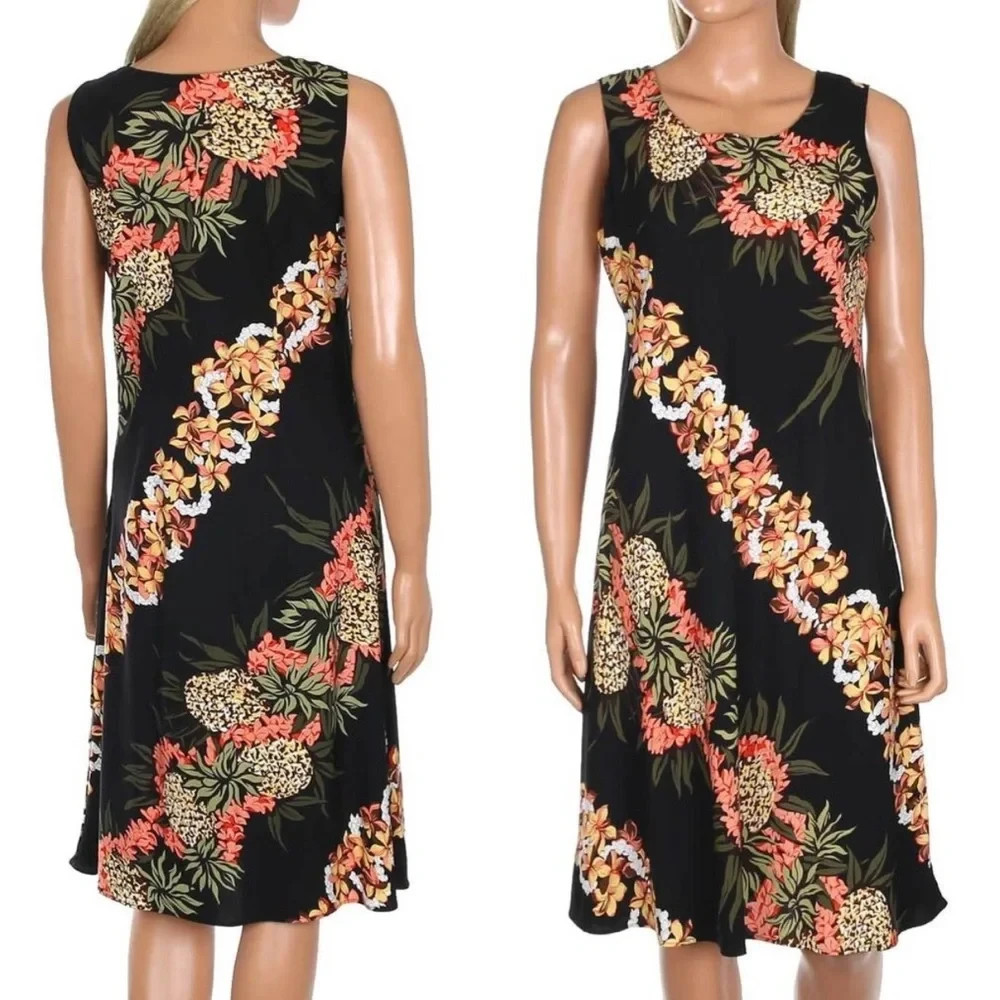 Vintage Hilo Hattie Hawaiian Pineapple Hibiscus Print Sleeveless Black Dress S