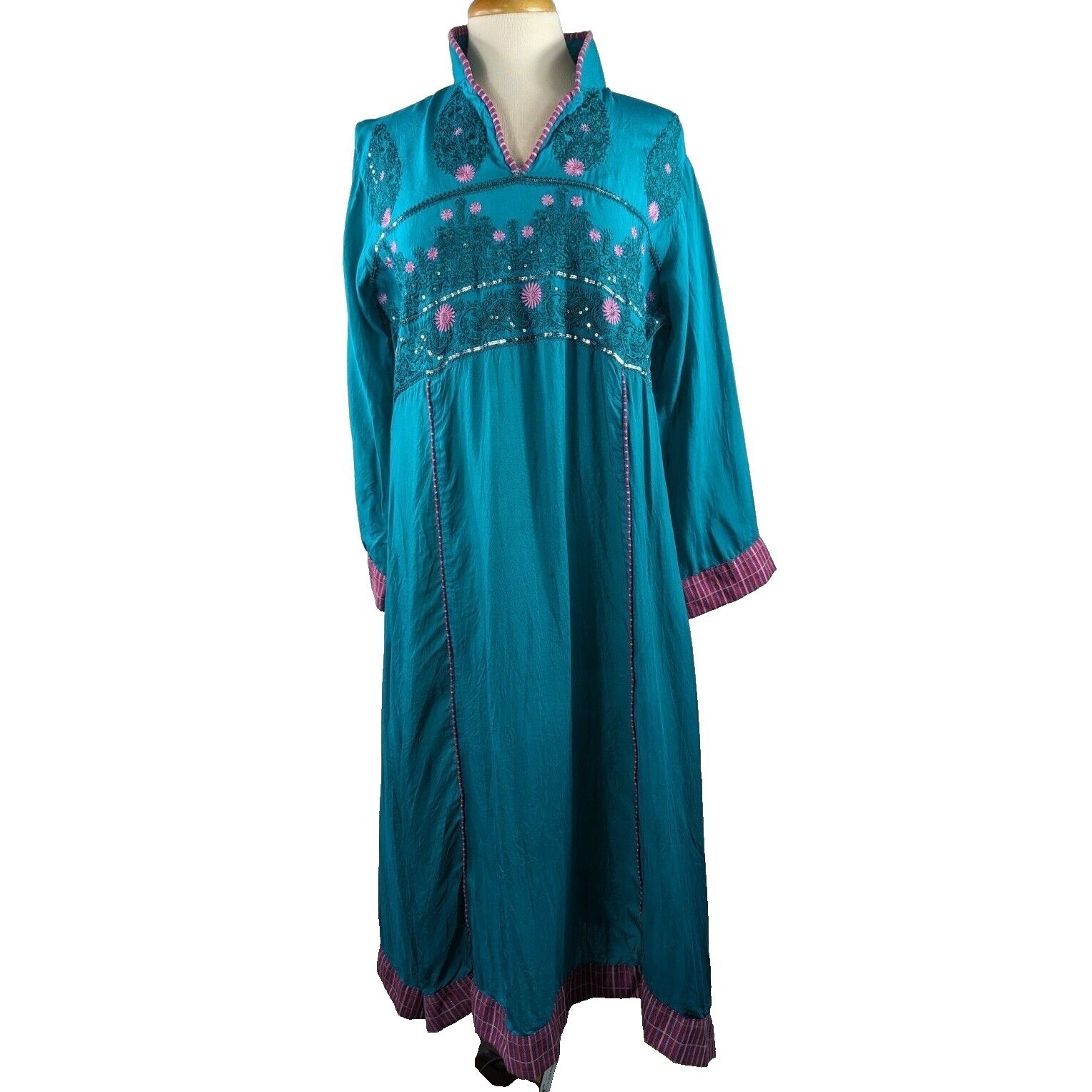 Sha Posh Maxi Dress Womens Size L Floral Embroidered Sequins Grannycore Y2K Teal