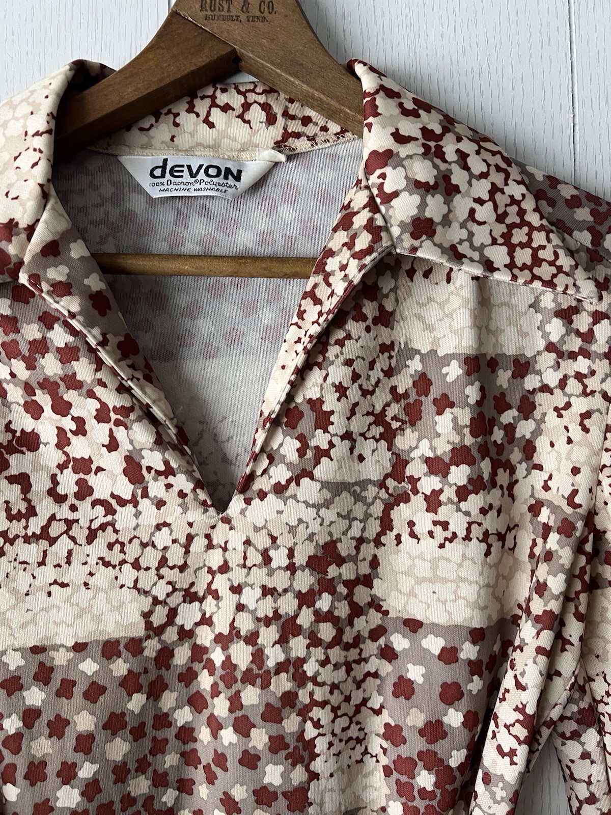 1970s Devon Disco Blouse Geometric Floral Dagger Collar Belted Neutral AOP