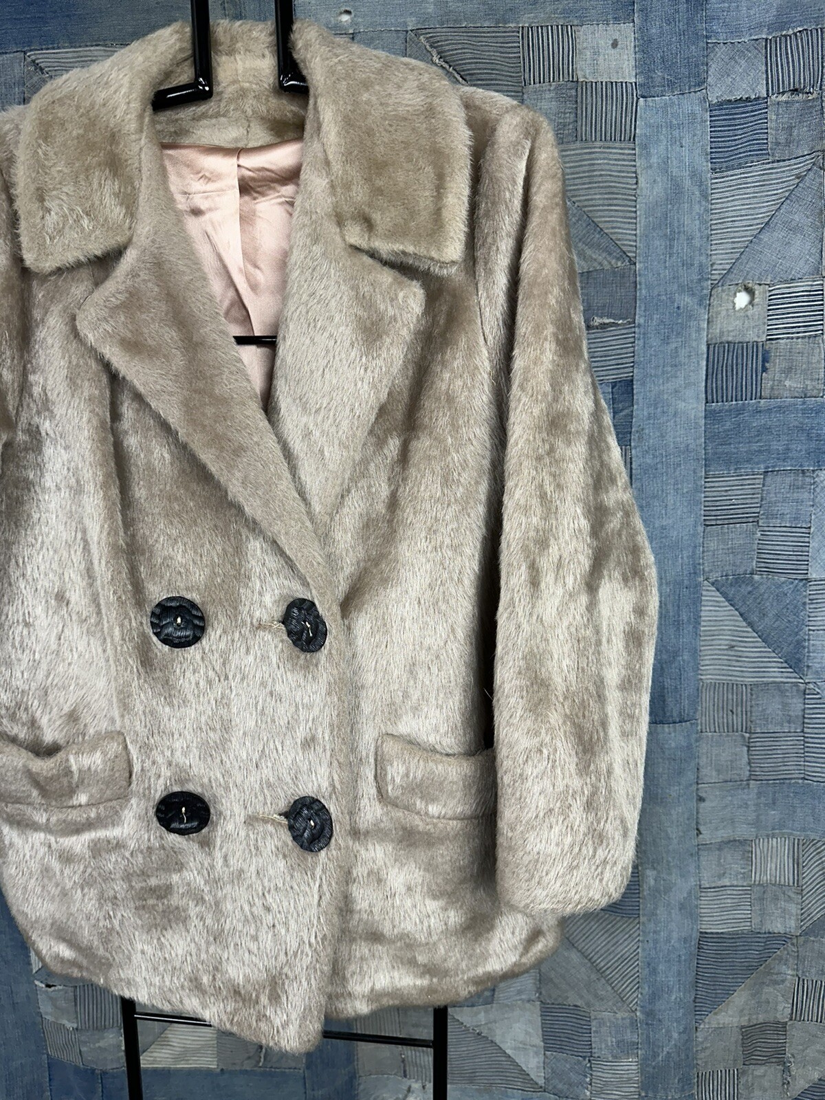 60s VINTAGE Faux Fur Pea Coat Wood Buttons Size Small Gorgeous