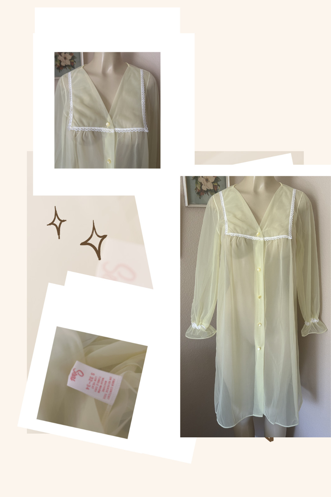 VTG 60’s CHIFFON ROBE Lemon yellow Lace trim S 32/34 bust PRISTINE SEARS