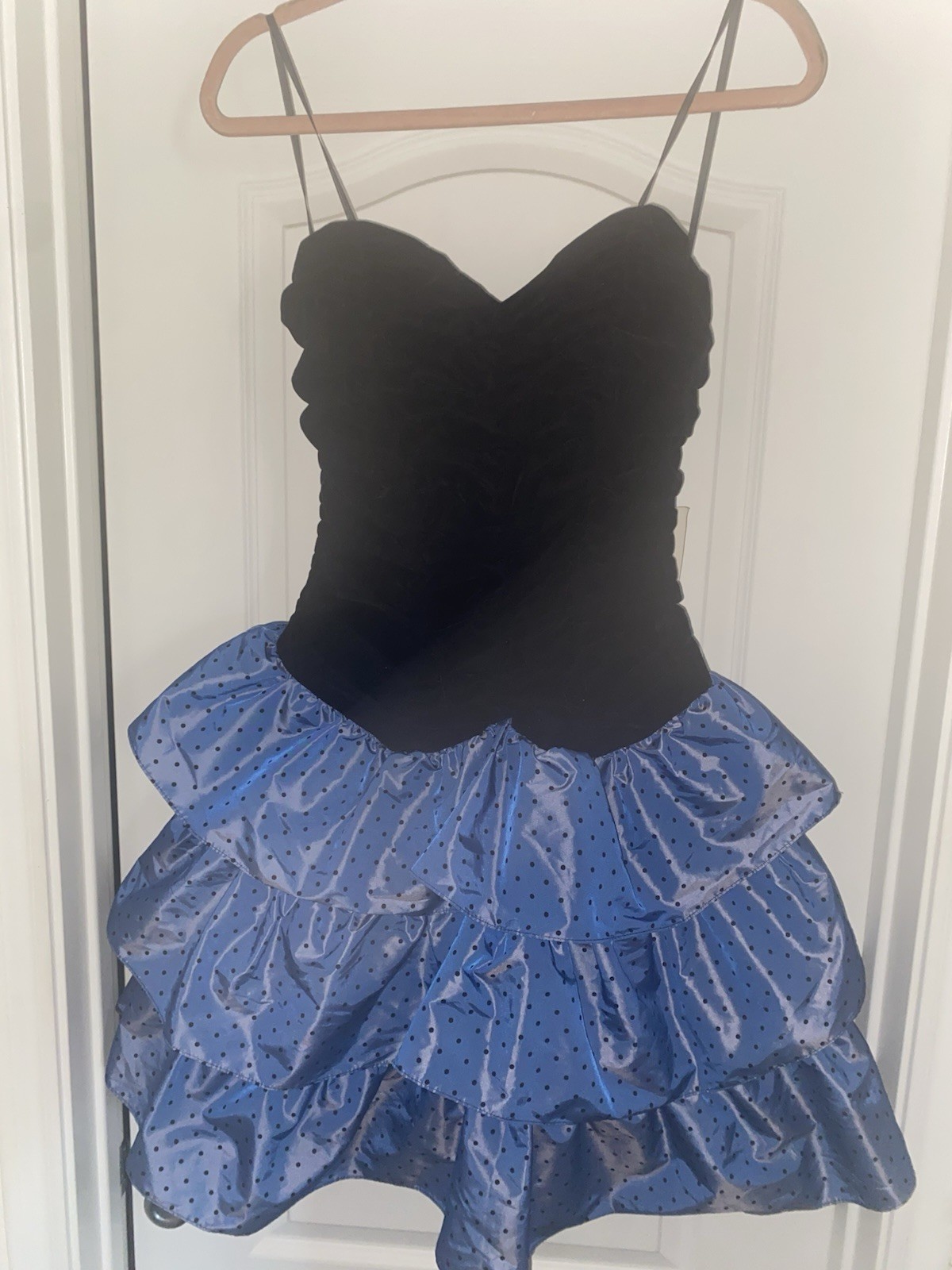 VTG Y2K My Michelle Strapless Black Velvet Bodice Polka Dot Tiered Dress 11/12