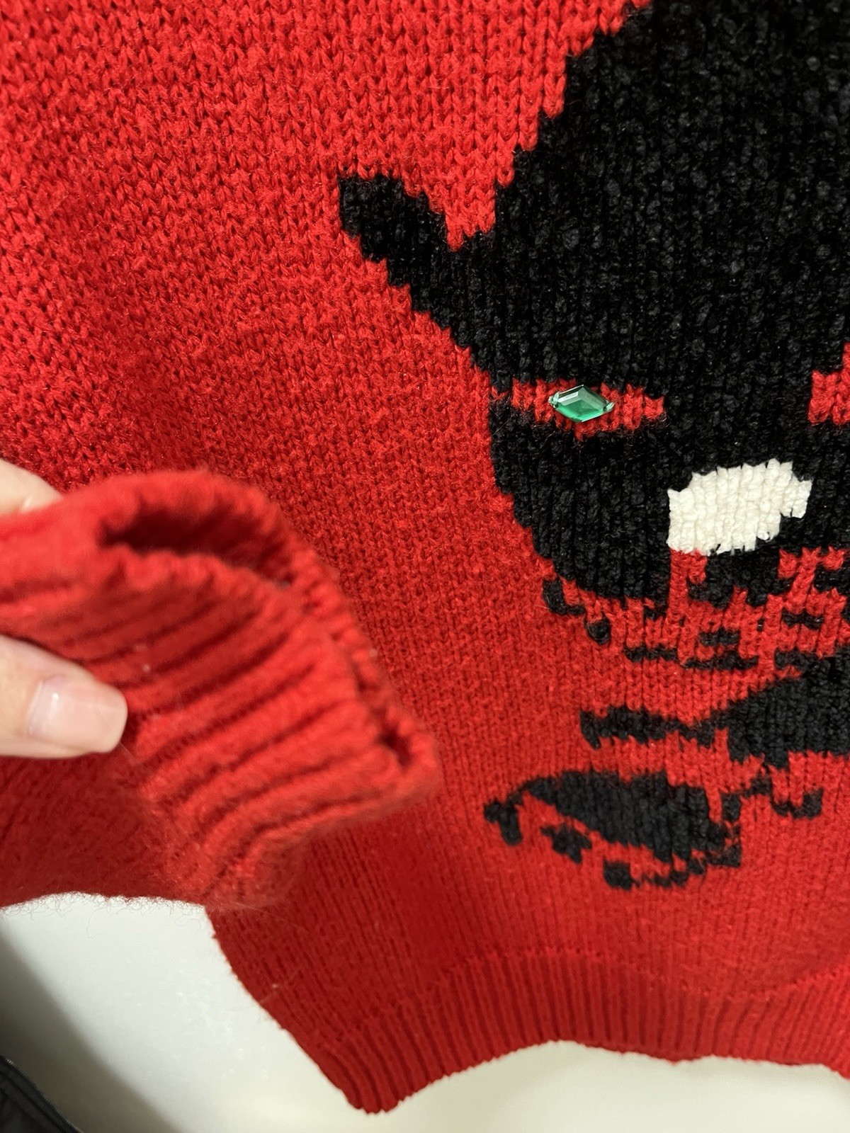 On Cue Women’s Vintage Red Knitted Sweater with Black Panther Design