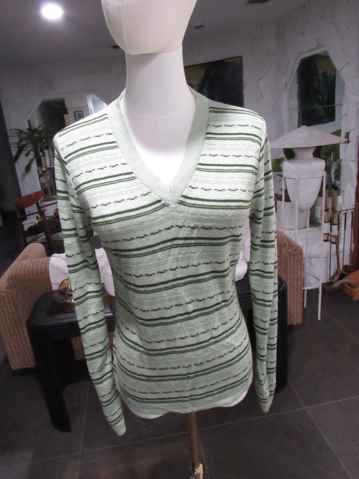 VTG 70s 90s Y2K Top Green Striped Disco V Neck Grunge Hippie Boho M SWEATER mod