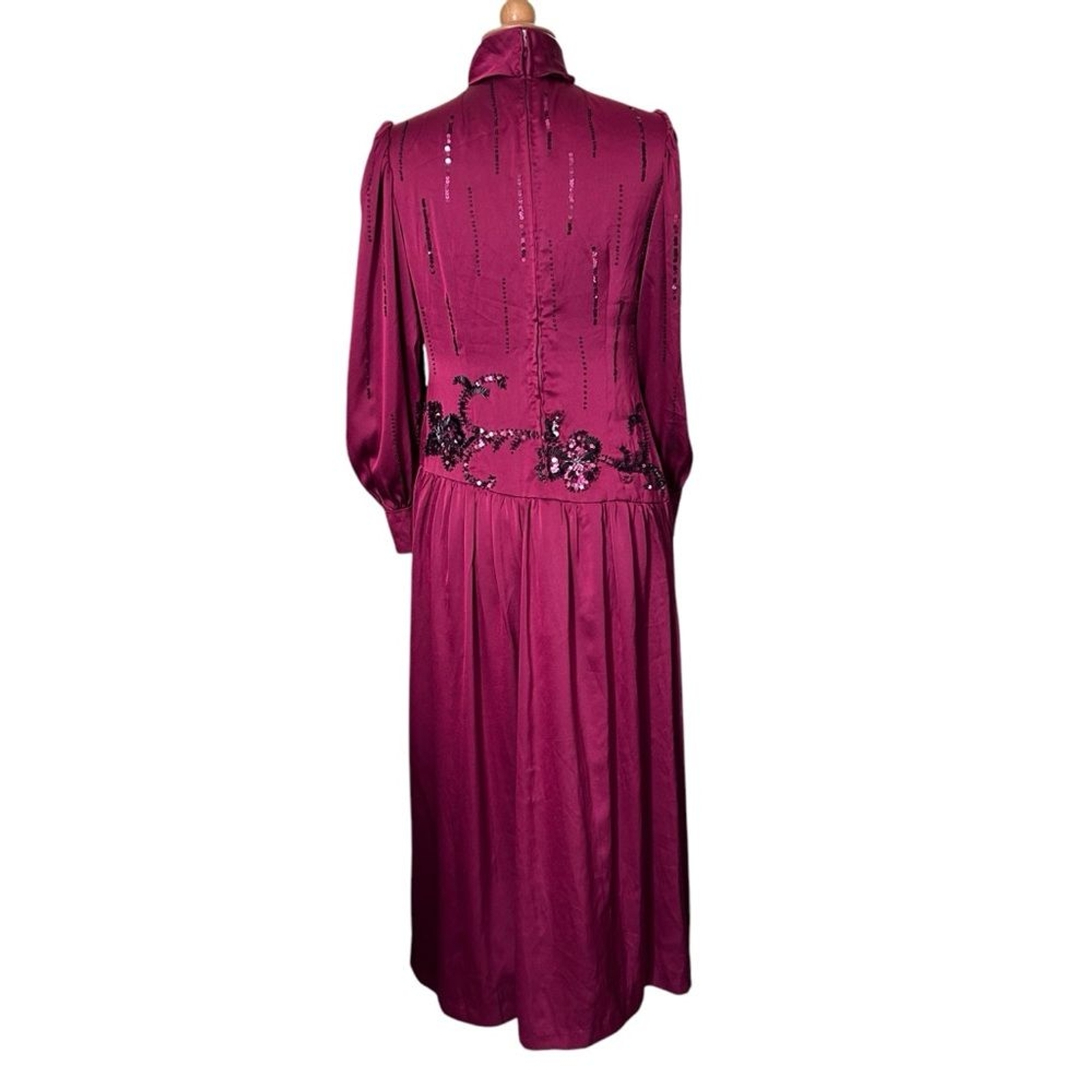 RARE! Vintage SONIA Haute Couture High Neck Long Sleeve Burgundy Evening Dress L