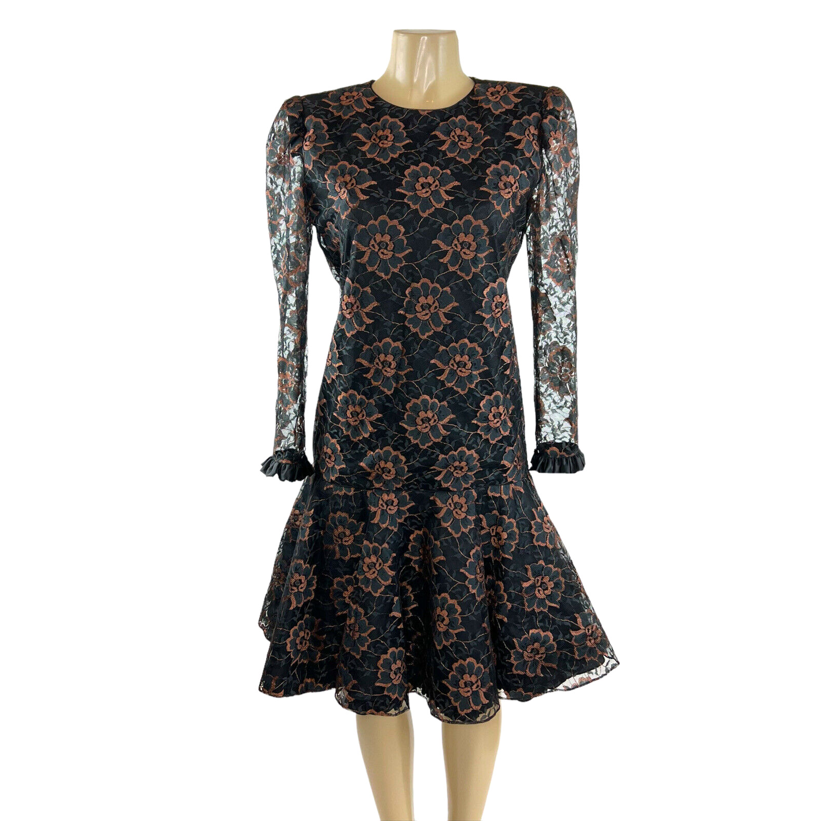 1980s Cocktail Dress Vintage Size 8 Black Lace Mermaid Glam Prom Drop Waist 80s