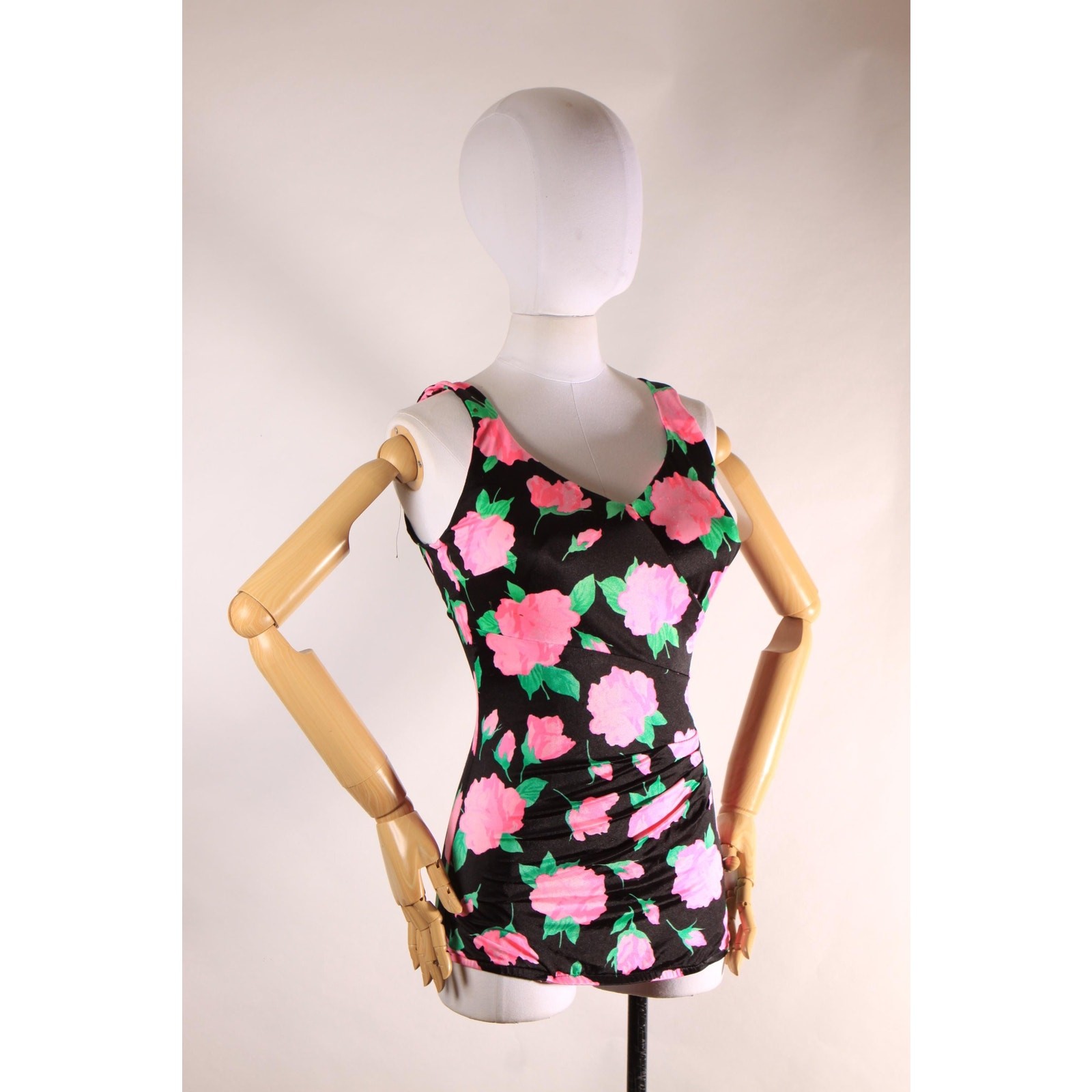 1970s 1980s Black Pink Green Floral One Piece Swimsuit by Maxine of Hollywood