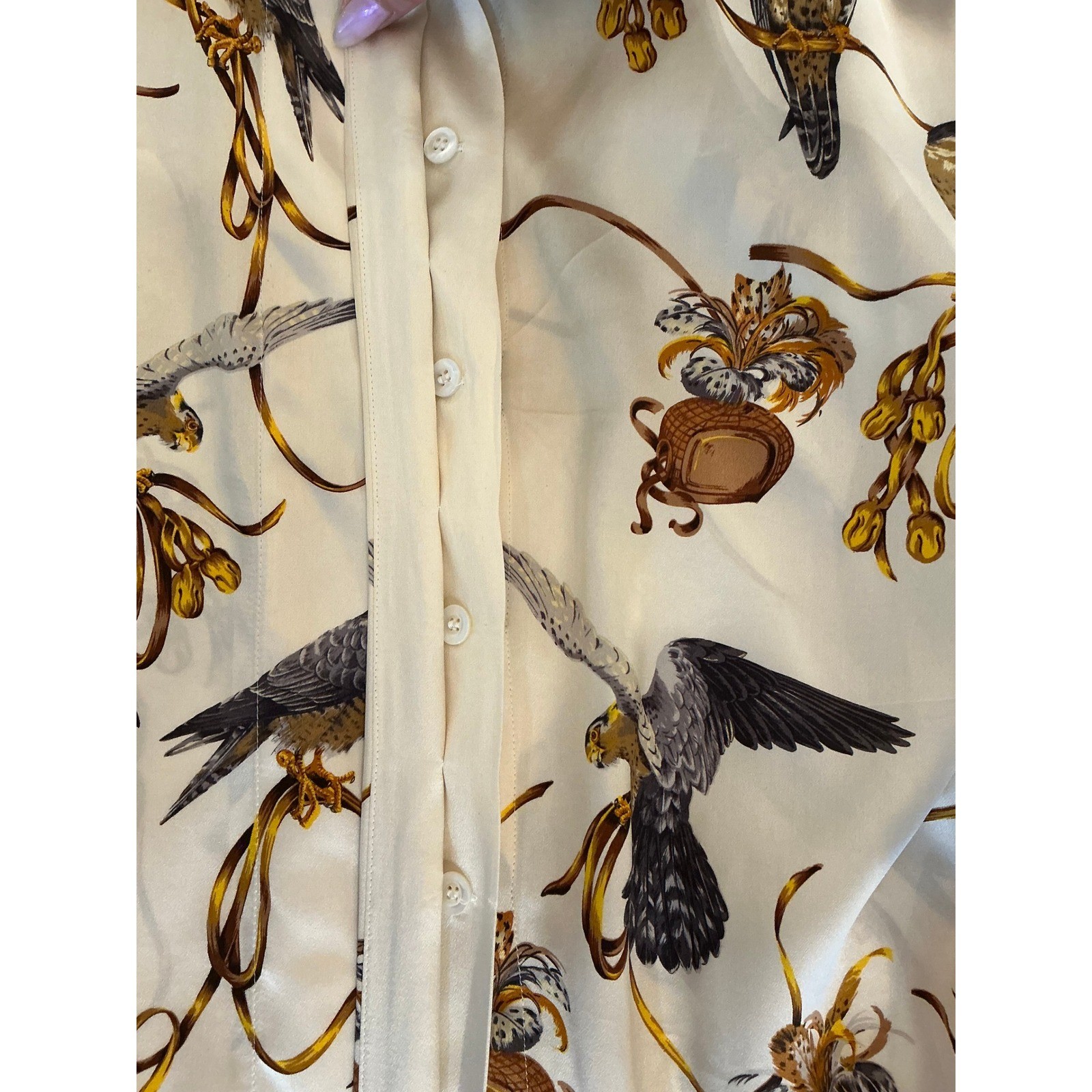 Escada Margaretha Ley Vintage Silk Falcon Print Blouse Cream Gold Bird Shirt 38