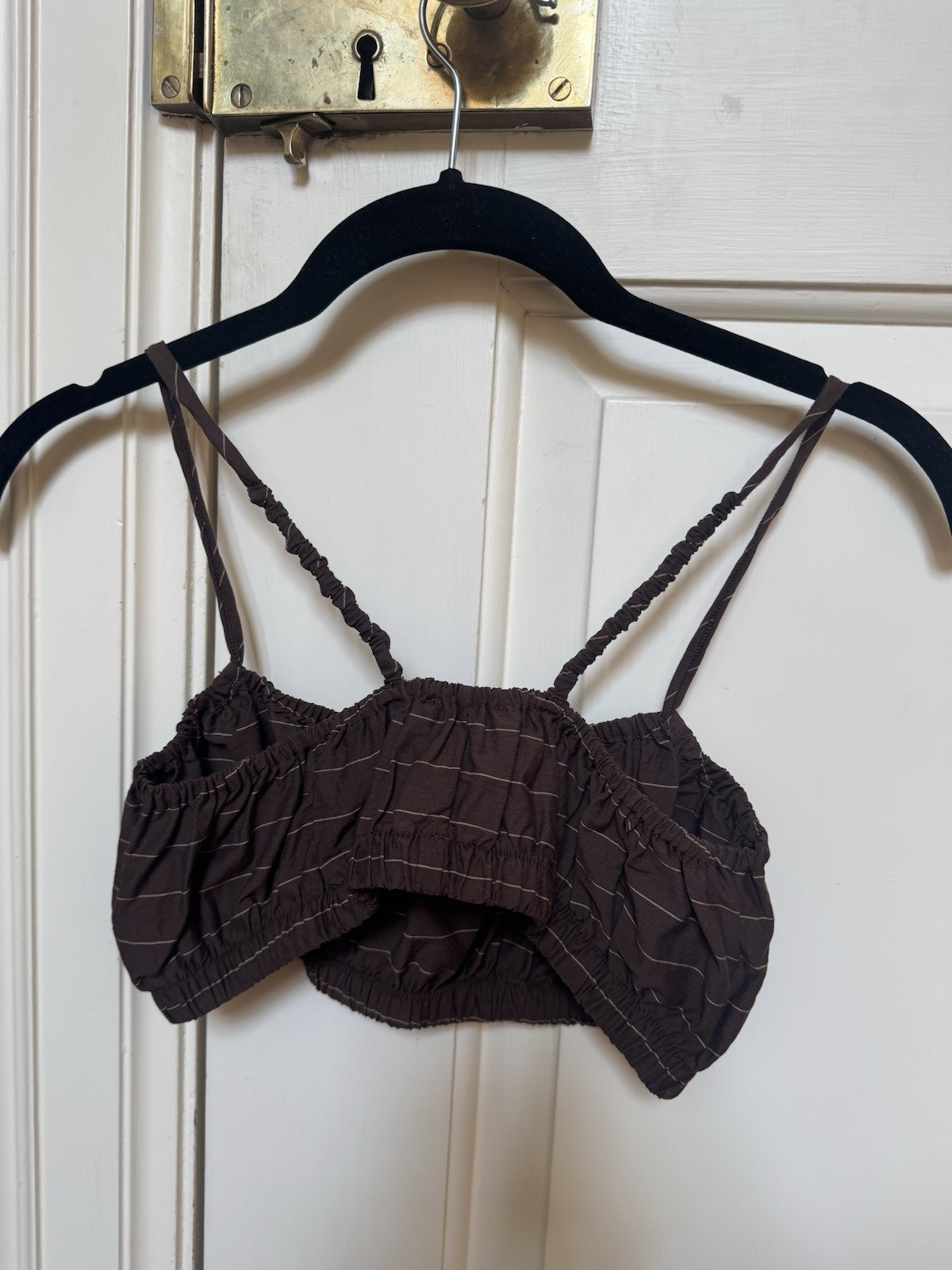 The Ludlow Shop Millie bra top in brown barn stripe XS S deadstock cotton
