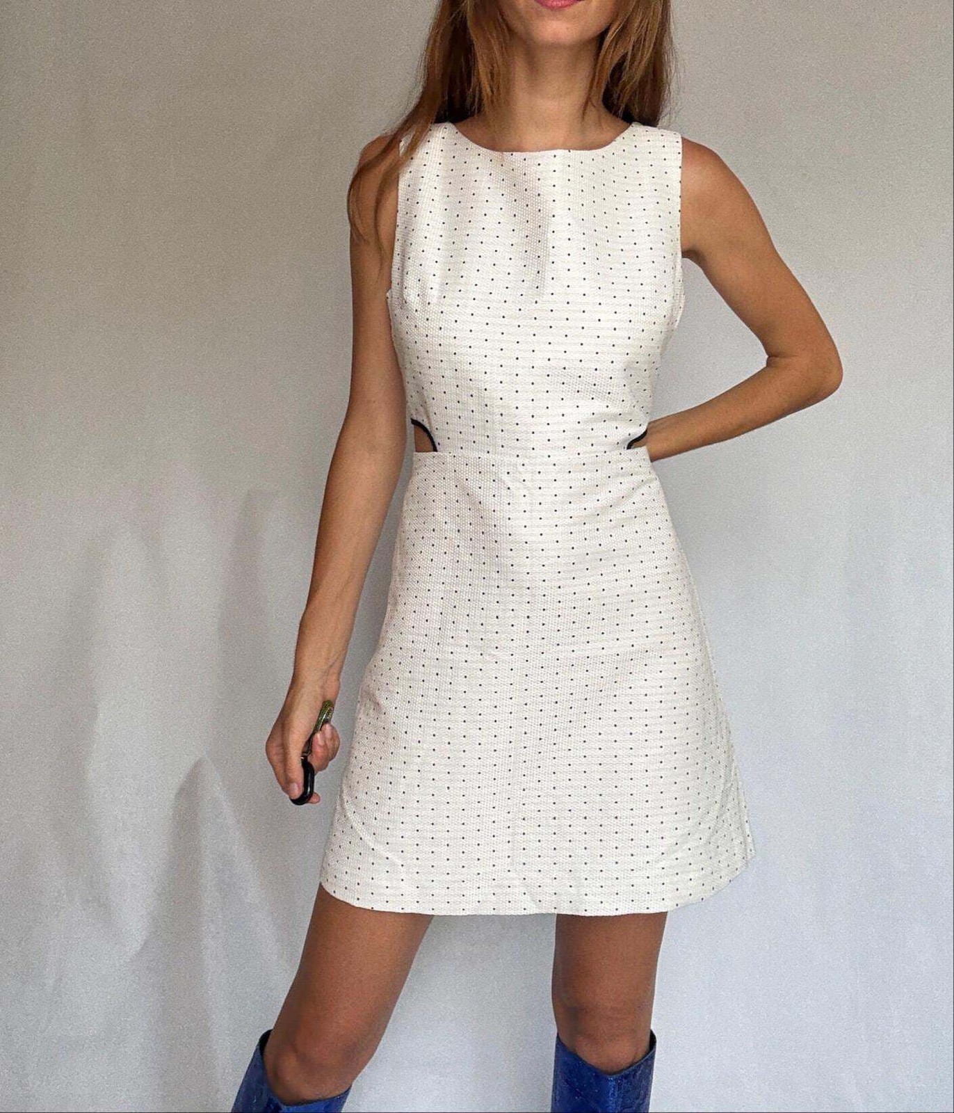 Cotton mini dress with side cutouts, Size US M, White outfit with navy dots