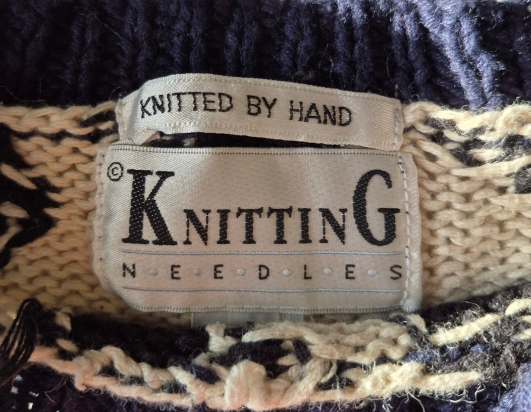 VTG 80s Knitting Needles Houndstooth Paisley Intarsia Sweater S/M Ramie Cotton