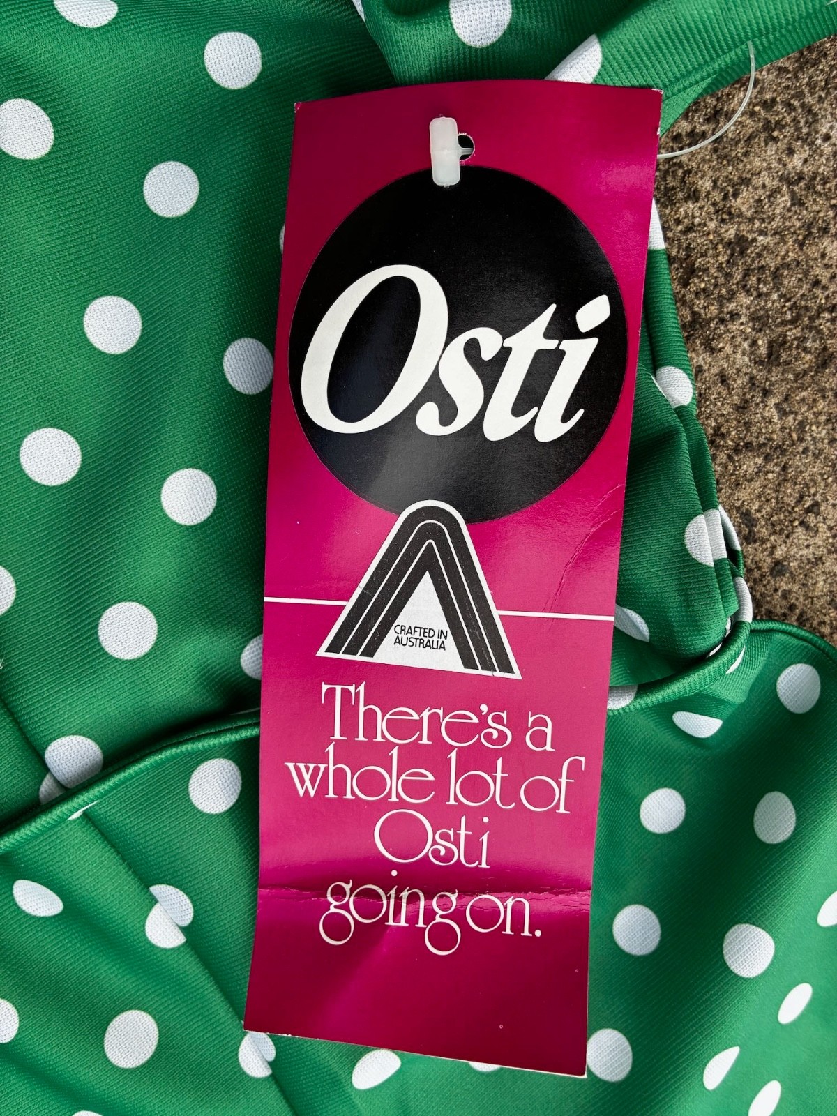 Vintage 70s Unworn size XL Midi Dress Green Spots Fit & Flare 'Osti’ tags