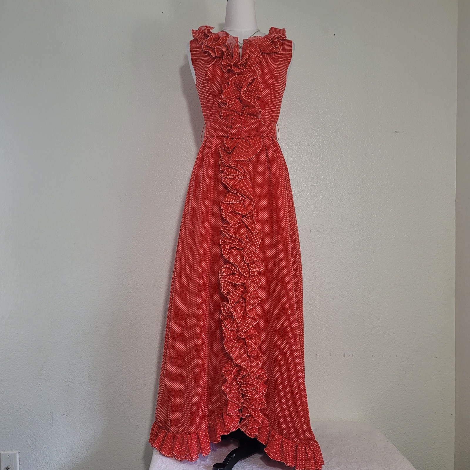 VTG RARE 1970s Miss Elliette Red White Polka Dot Ruffle Sleeveless Dress Size 9