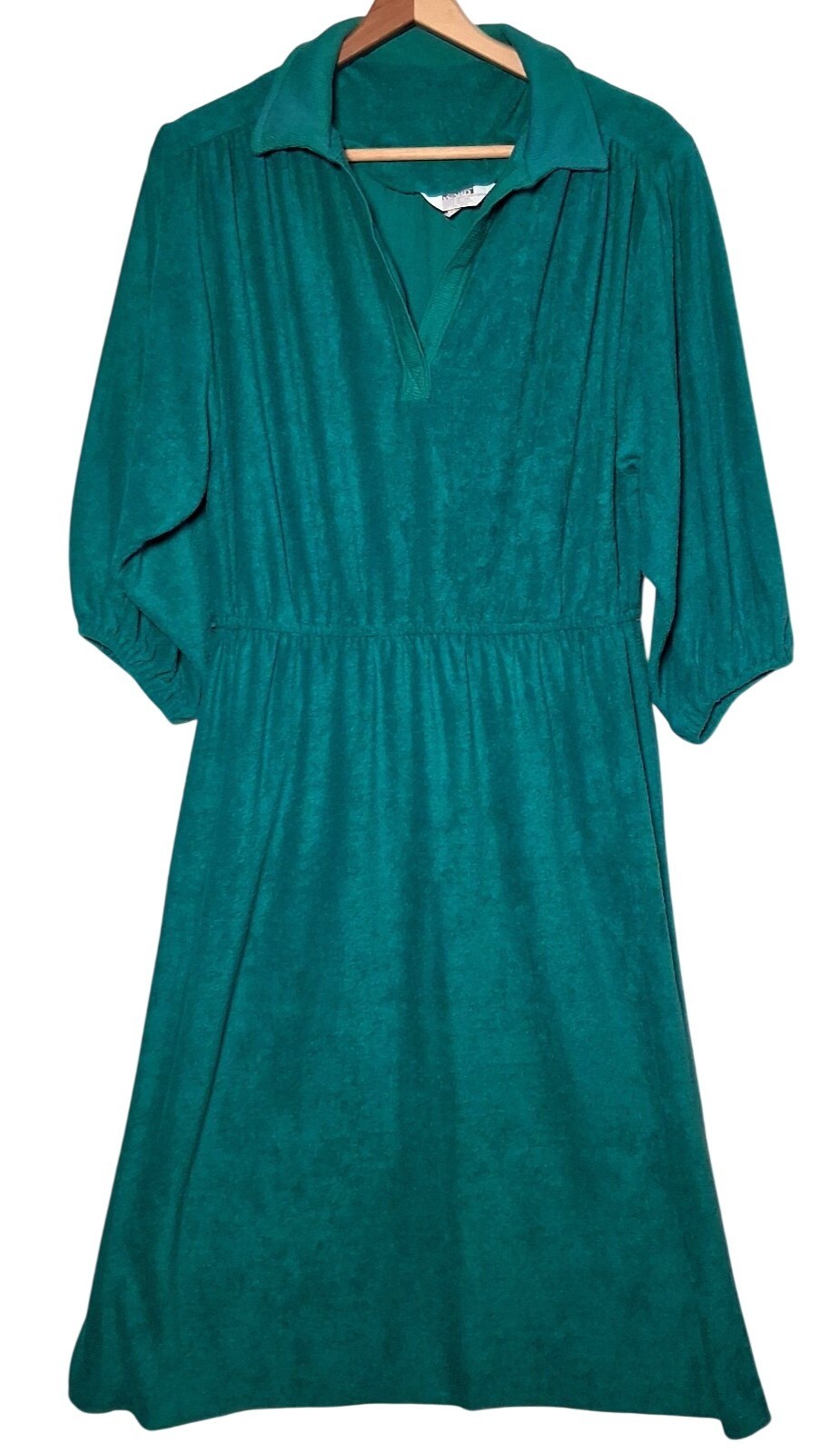 Vintage 1970s Montgomery Ward Terry Cloth Dress Size 18 Jade Balloon Sleeve READ