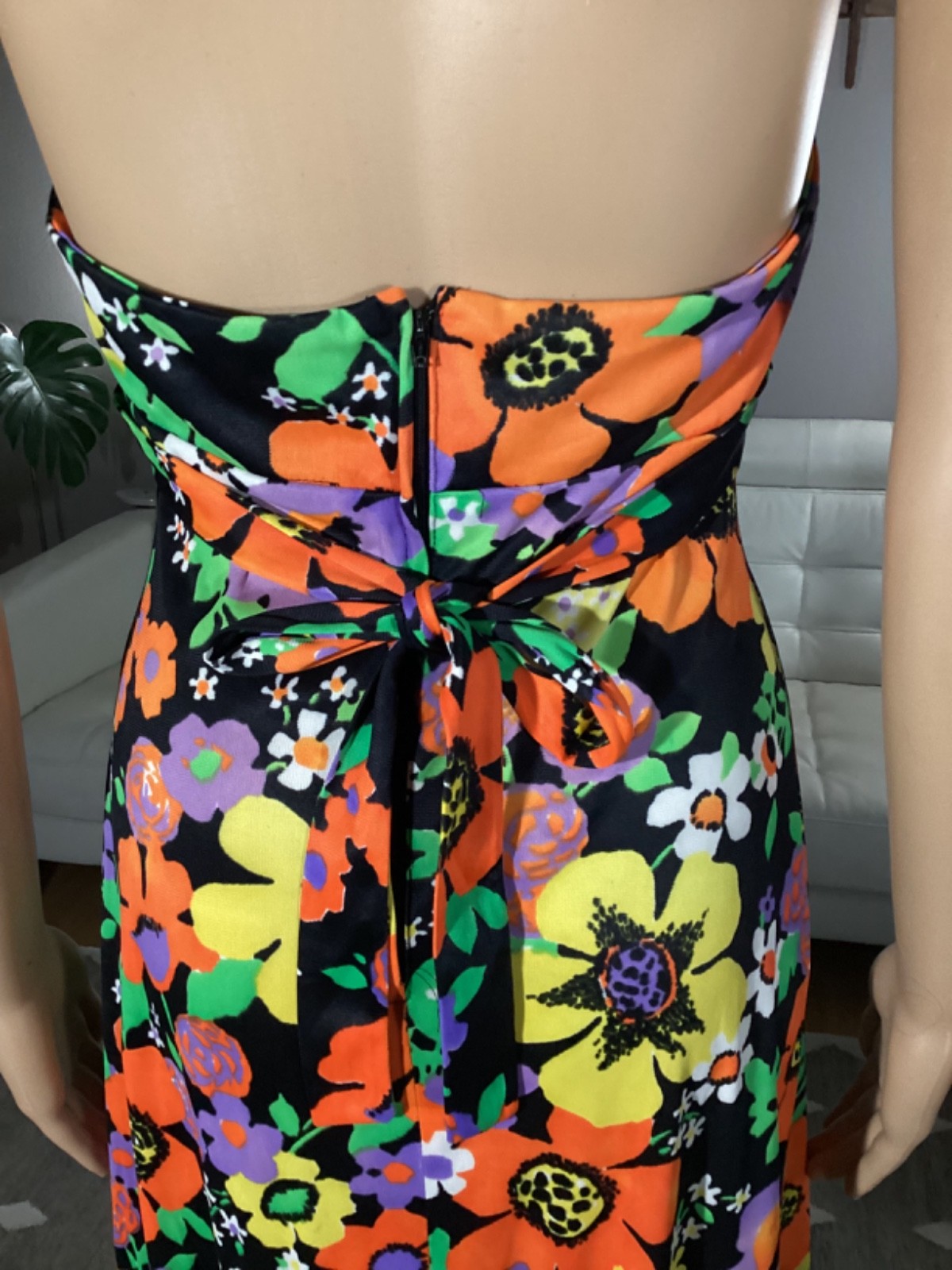 Vintage 70’s Joseph Magnin Bright Floral Flower Power Ruffle Halter Maxi Dress