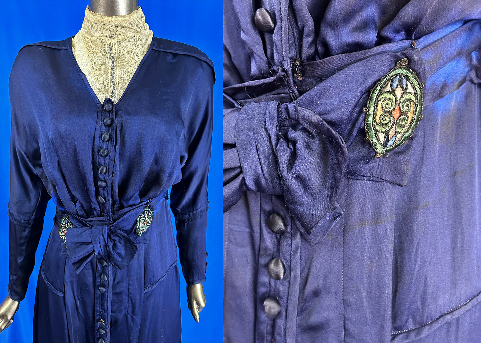 Edwardian Titanic Era Navy Blue Silk Button Trim Ivory Lace Yoke Belted Dress