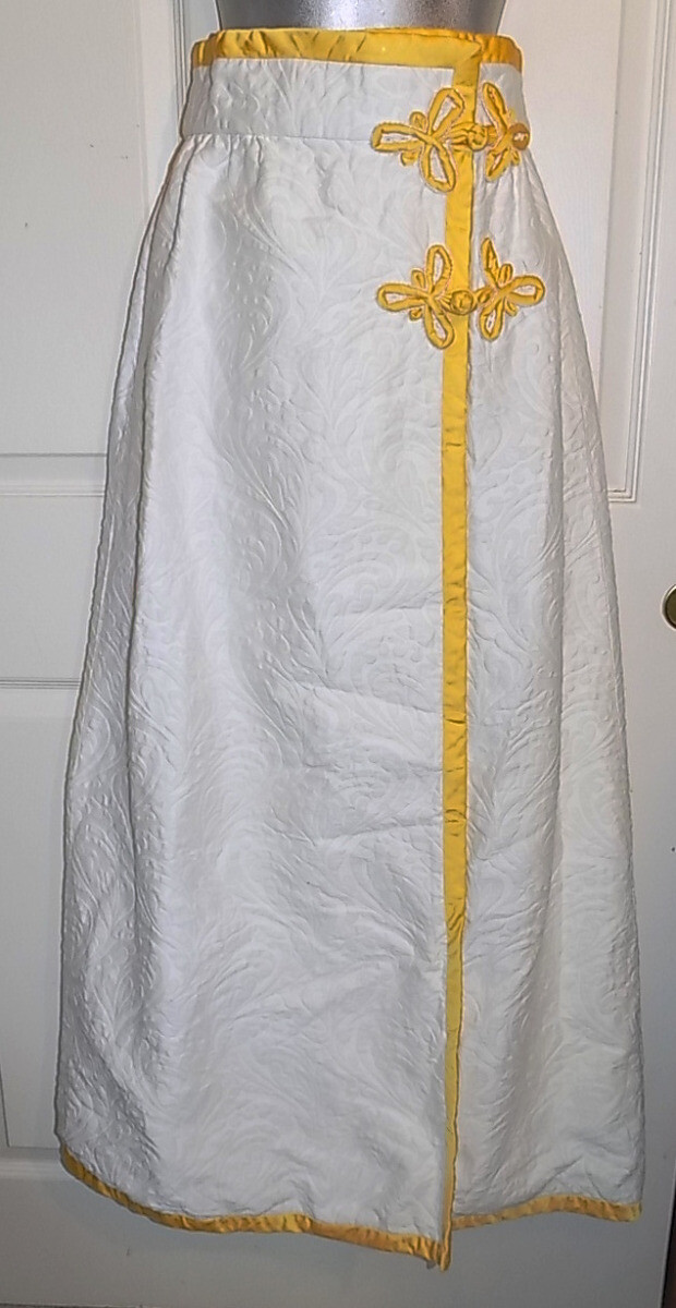 Vintage Long White Padded Skirt Yellow Trim Zizi International Medium W27 SZ 12
