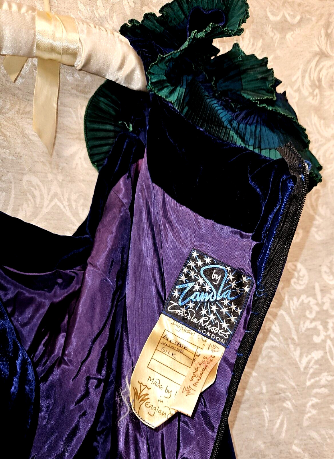 Zandra Rhodes 1980s vntg fabulously frilled silk velvet acetate frock free ship