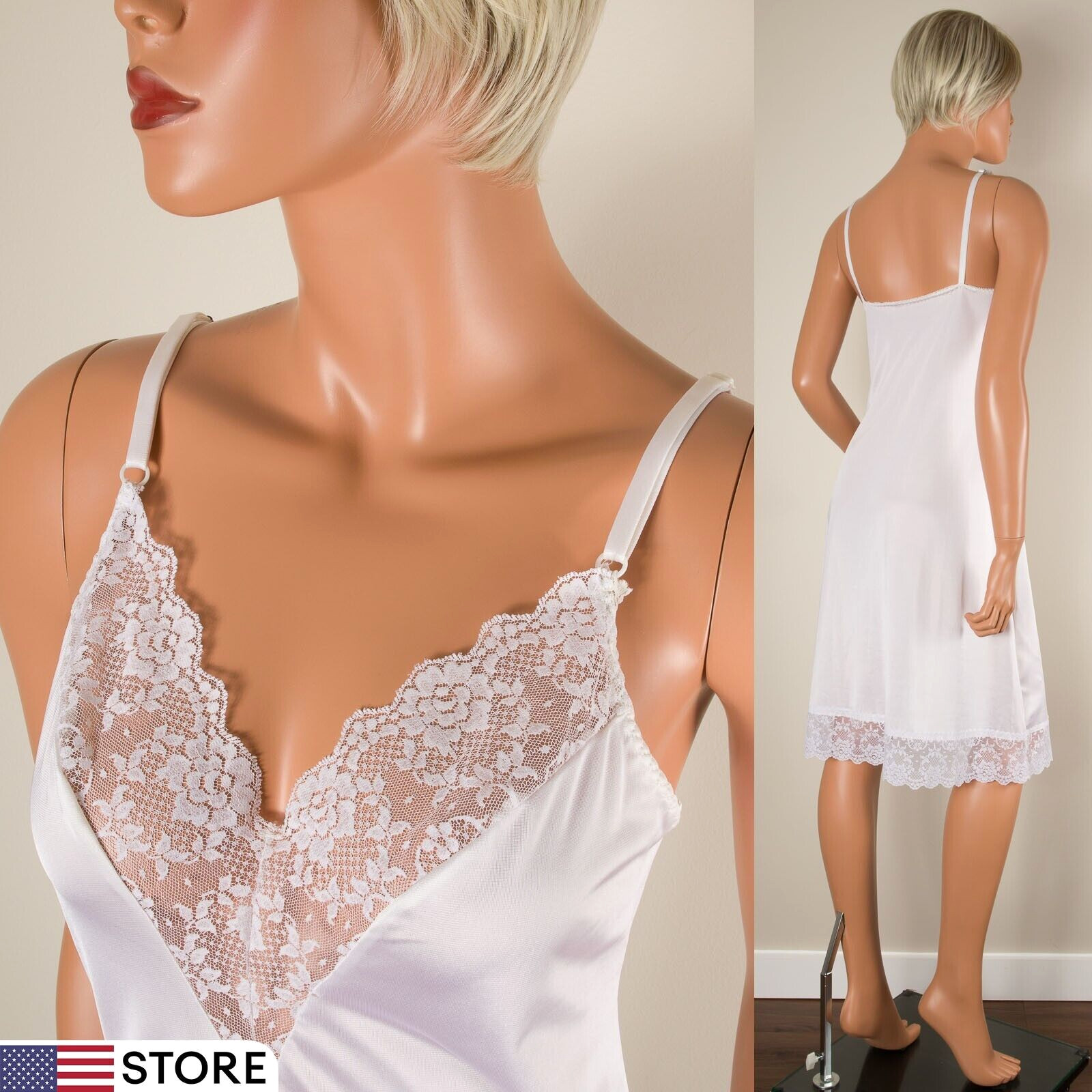 💖 Vintage LILY OF FRANCE White Full Slip Dress Stretchy Nylon Lace Trim 36