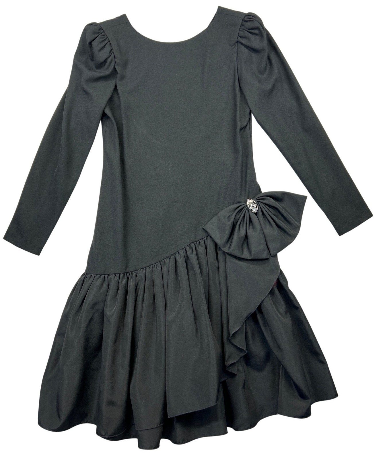 Vintage Huey Waltzer for Darcy Cocktail Dress Sz M Black Ruffles Bow Retro 80s