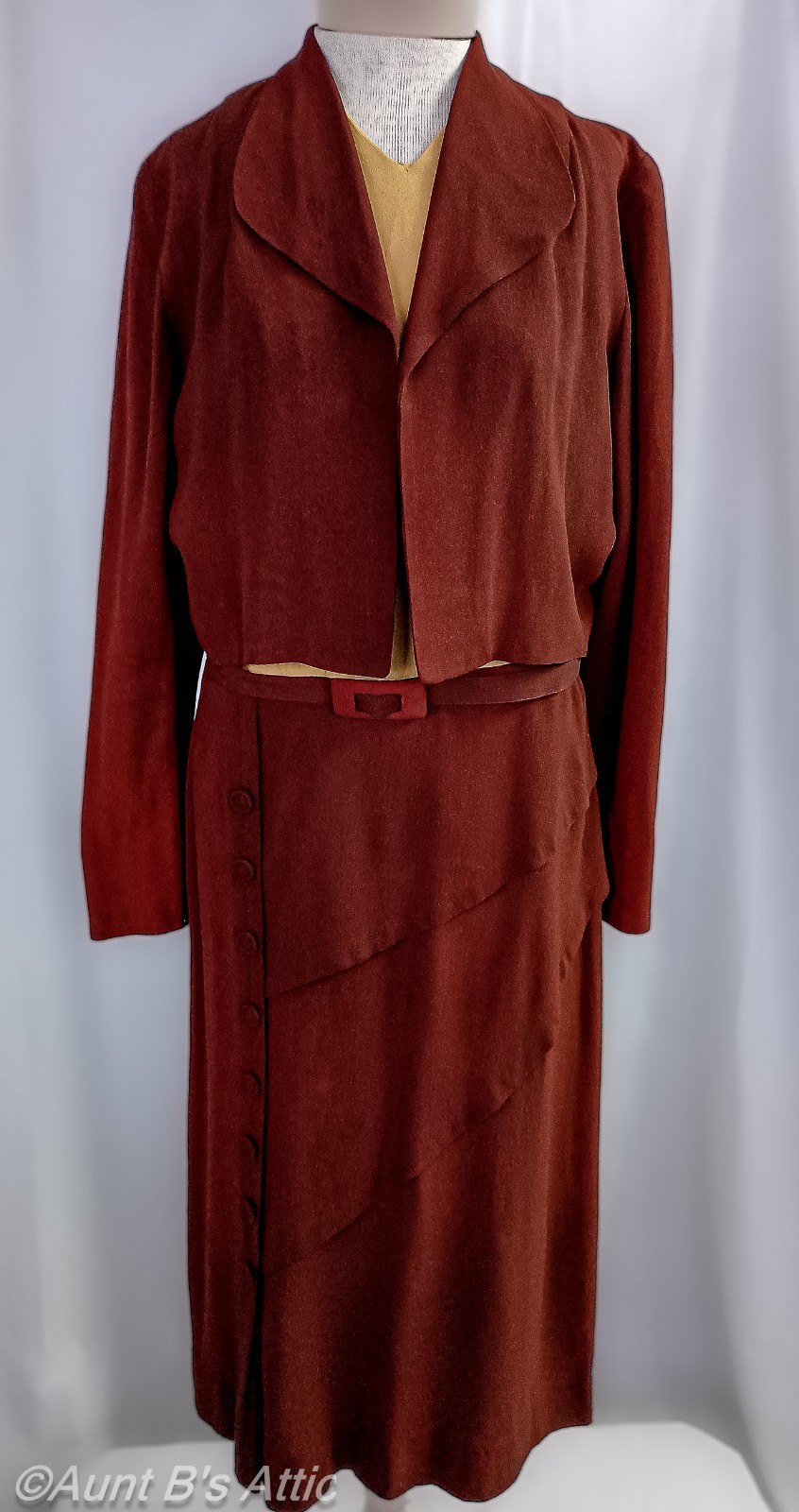 Vintage 40’s Demi Dell Originals 3Pc Br/Gold Rayon Crepe Dress Jacket & Belt LG