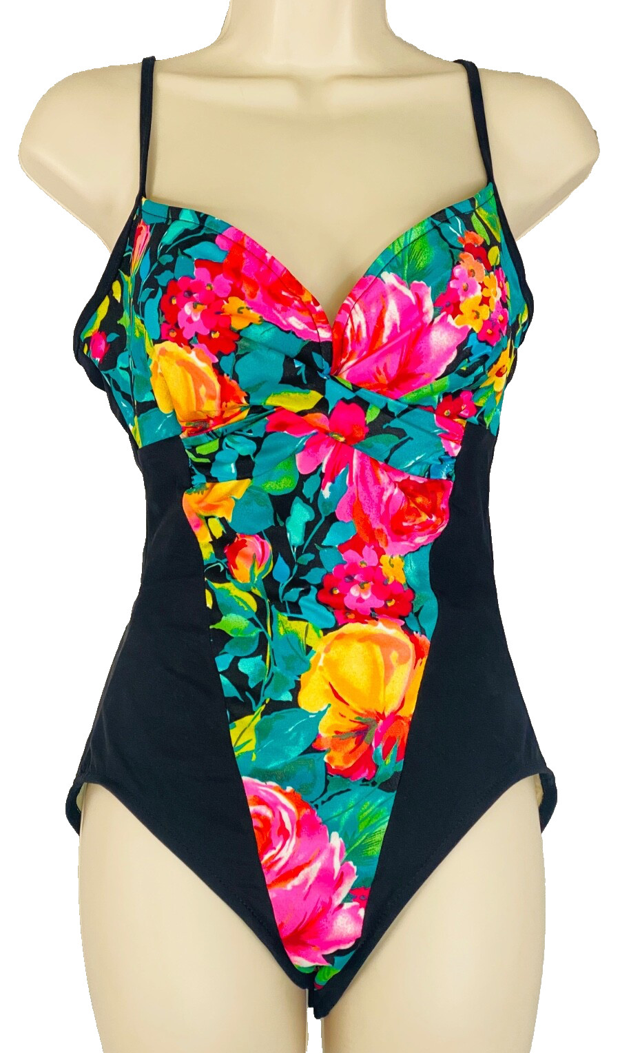 Vintage 1990s NWOT colorful floral swimsuit one piece pink black Slim Suit M 12