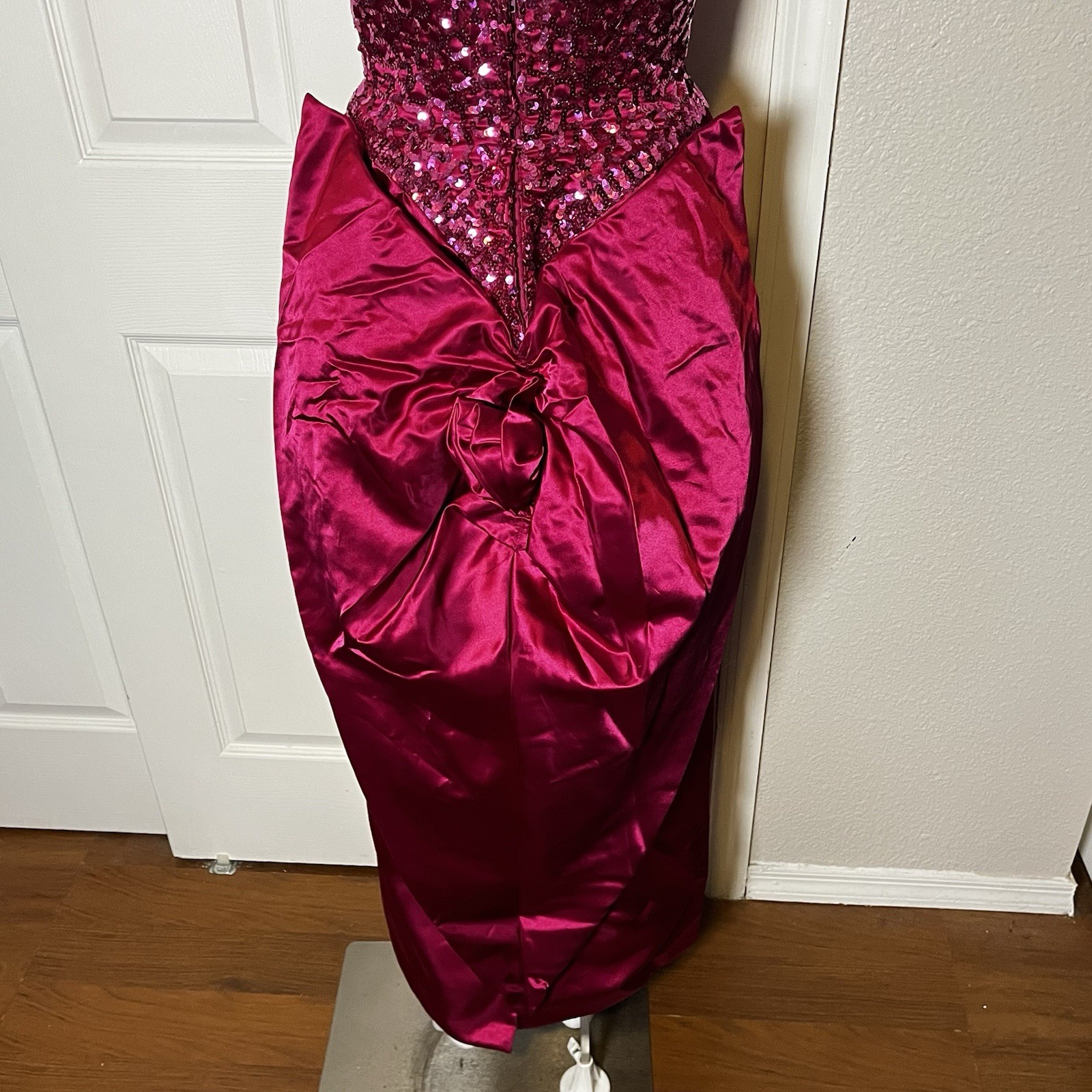 Vintage Mike Benet Satin 60s 70s Hot Pink Prom Formal Dress Sequin Scalloped