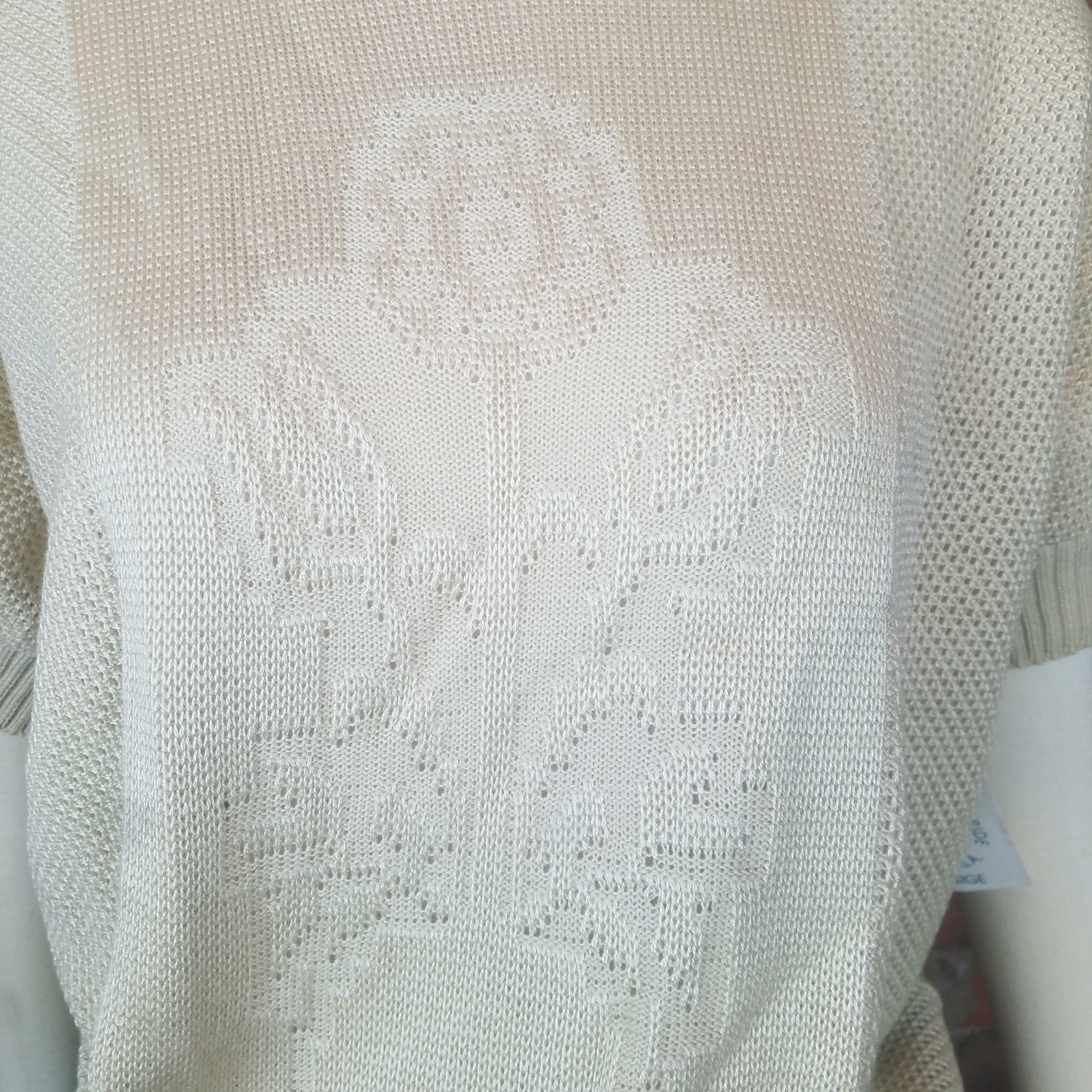 Vintage Womens Lightweight Sweater Beige Pointelle Flower Pot Design Size L