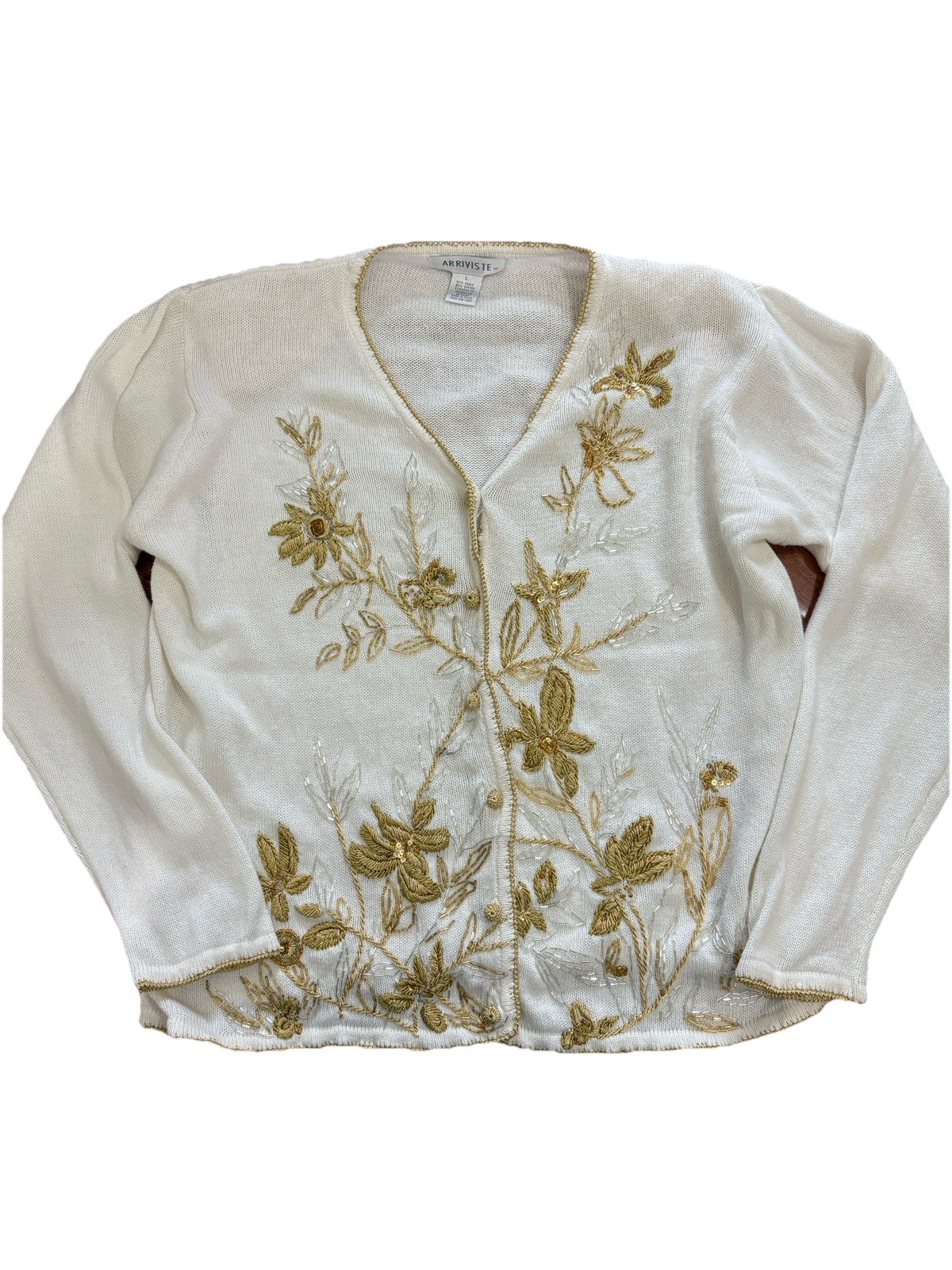 Vtg 90s Ivory Cardigan Sz L Beaded Gold Floral Boho Cottagecore Grandma Grunge