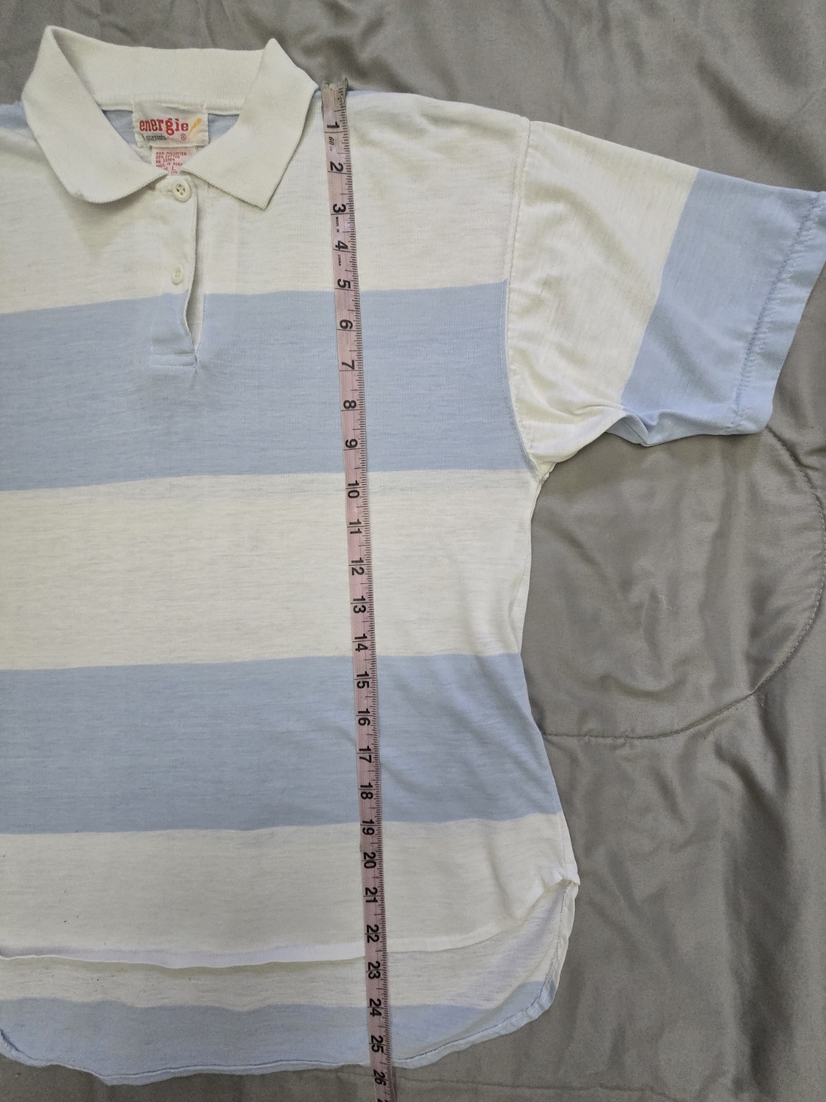 Vintage Energie Blue White Striped Polo Top High Low Hem Size L 80s Preppy