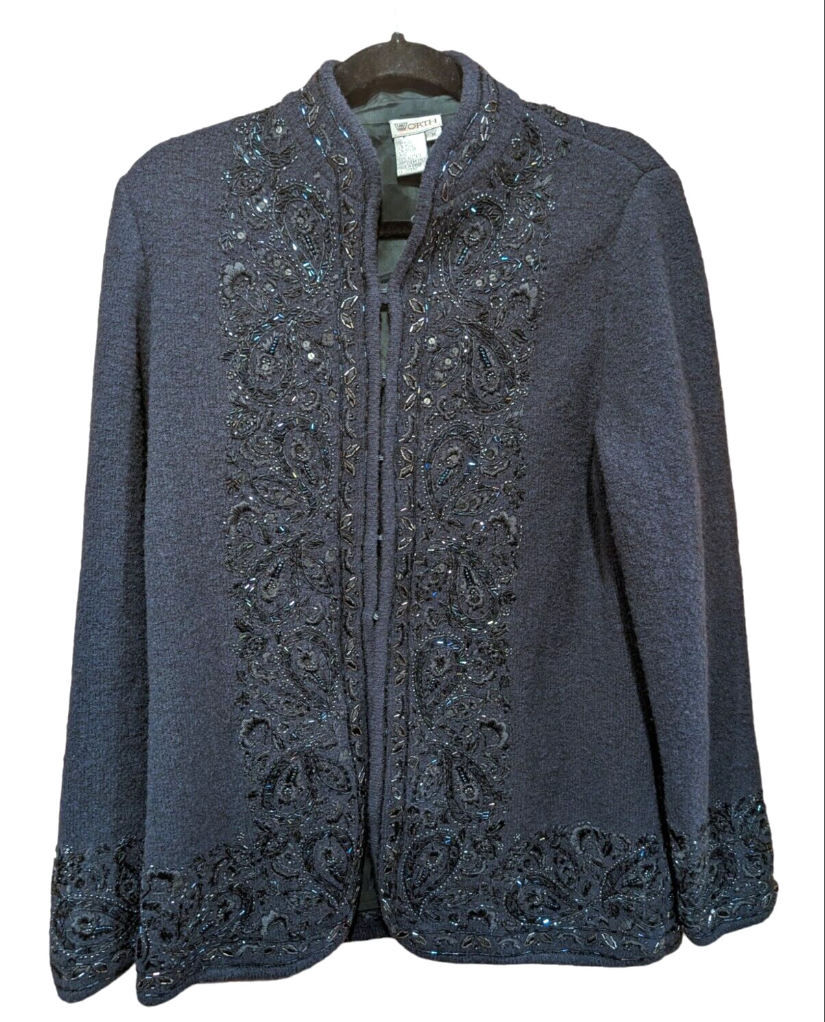 Vtg Worth Womens Black 70% Wool Paisley Beaded Evening Long Sleeve Sweater Med.
