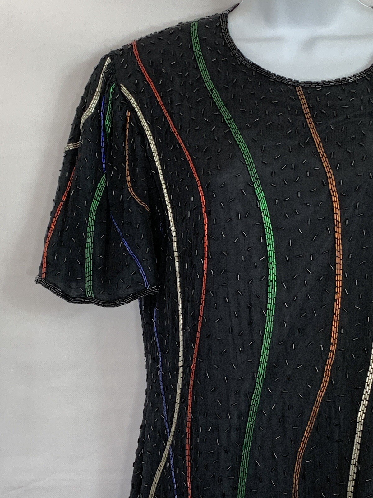 NWTs Vintage Sweelo Sz M Silk Black Multicolored Beaded Dress Lined Short Sleeve