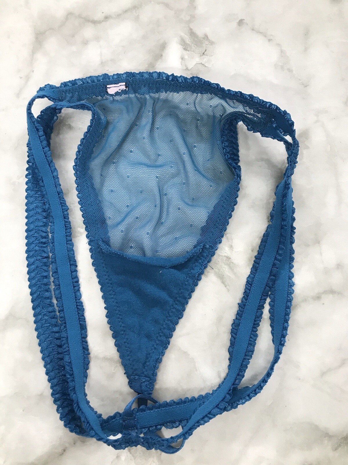 Vintage Thong String Polka Dot Size Medium Blue Double Straps Mesh very Rare!