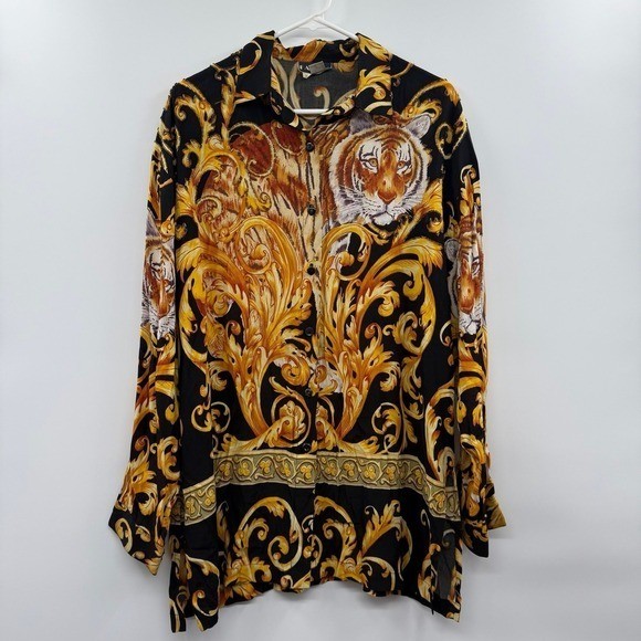 Vintage faith leopard all over print beaded button up blouse large