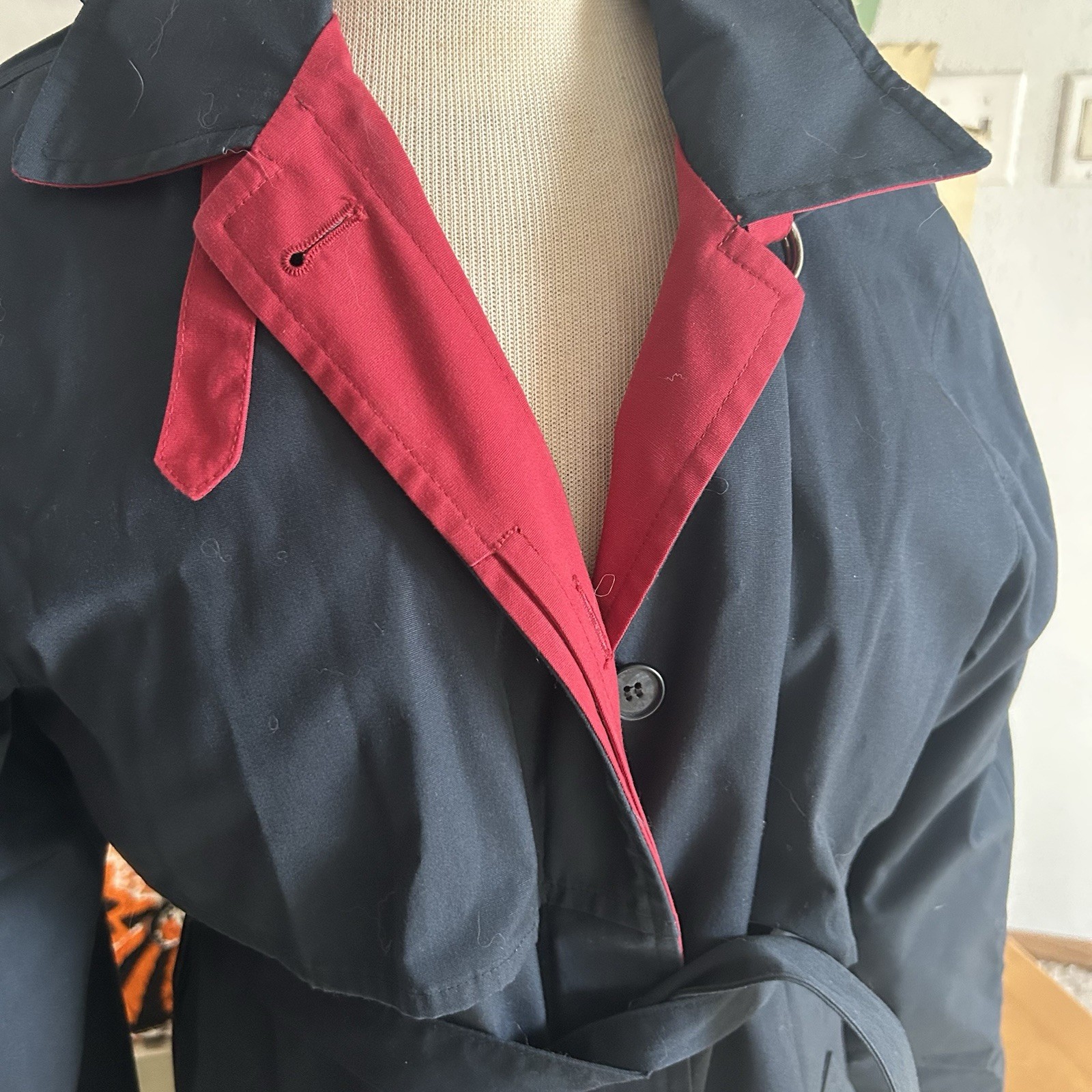 Vintage 1940s style Coat | Navy Blue | Hood | Trench | Belted | M L | 40s | 80s