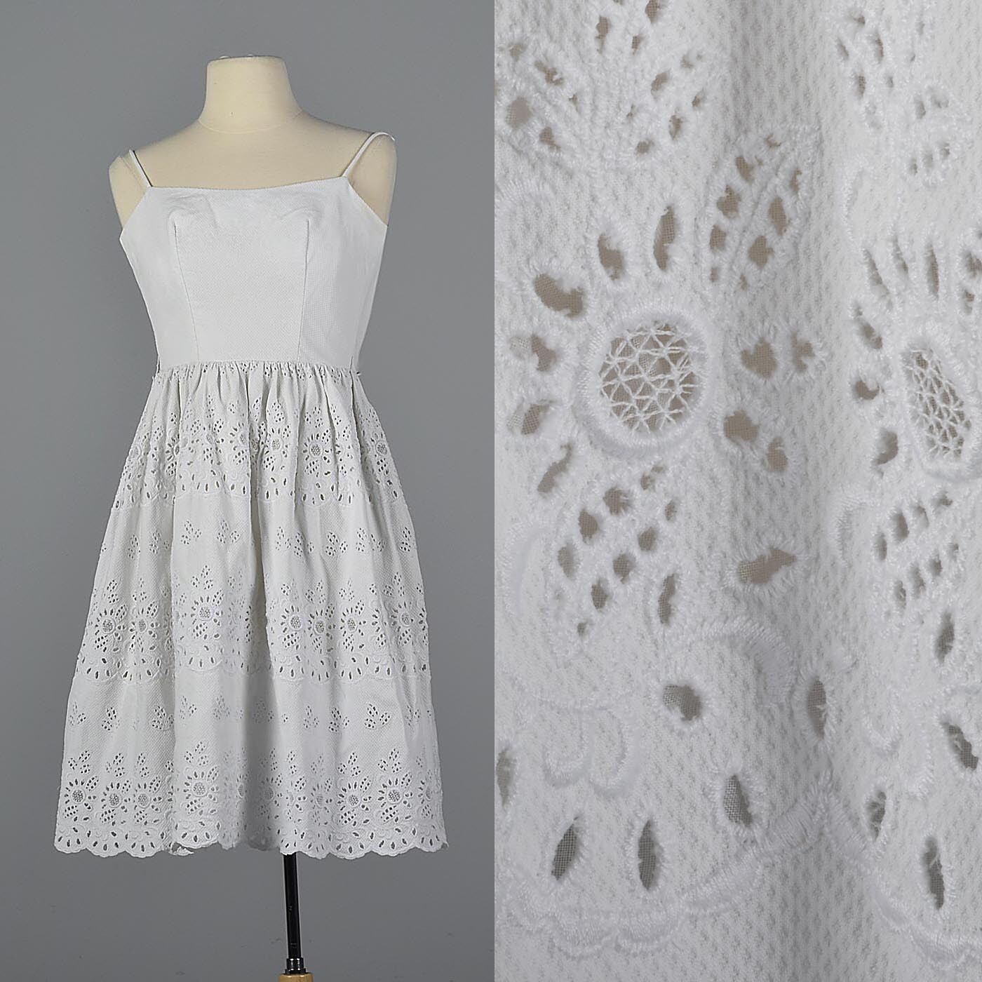XXS 1950s White Eyelet Dress Cotton Spaghetti Strap Knee Length Scallop Hem
