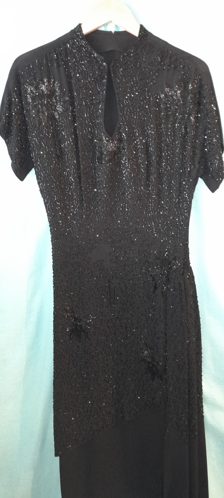Vtg 1940s Rayon Crepe ENCRUSTED Beaded Black Evening Cocktail Long Sash Dress M