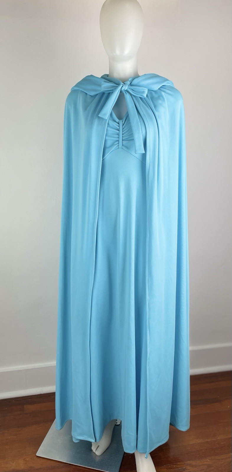Vintage 60s 70s Dress & Hooded Cloak Cape Aqua Blue Matching Set 2 Piece Size 10