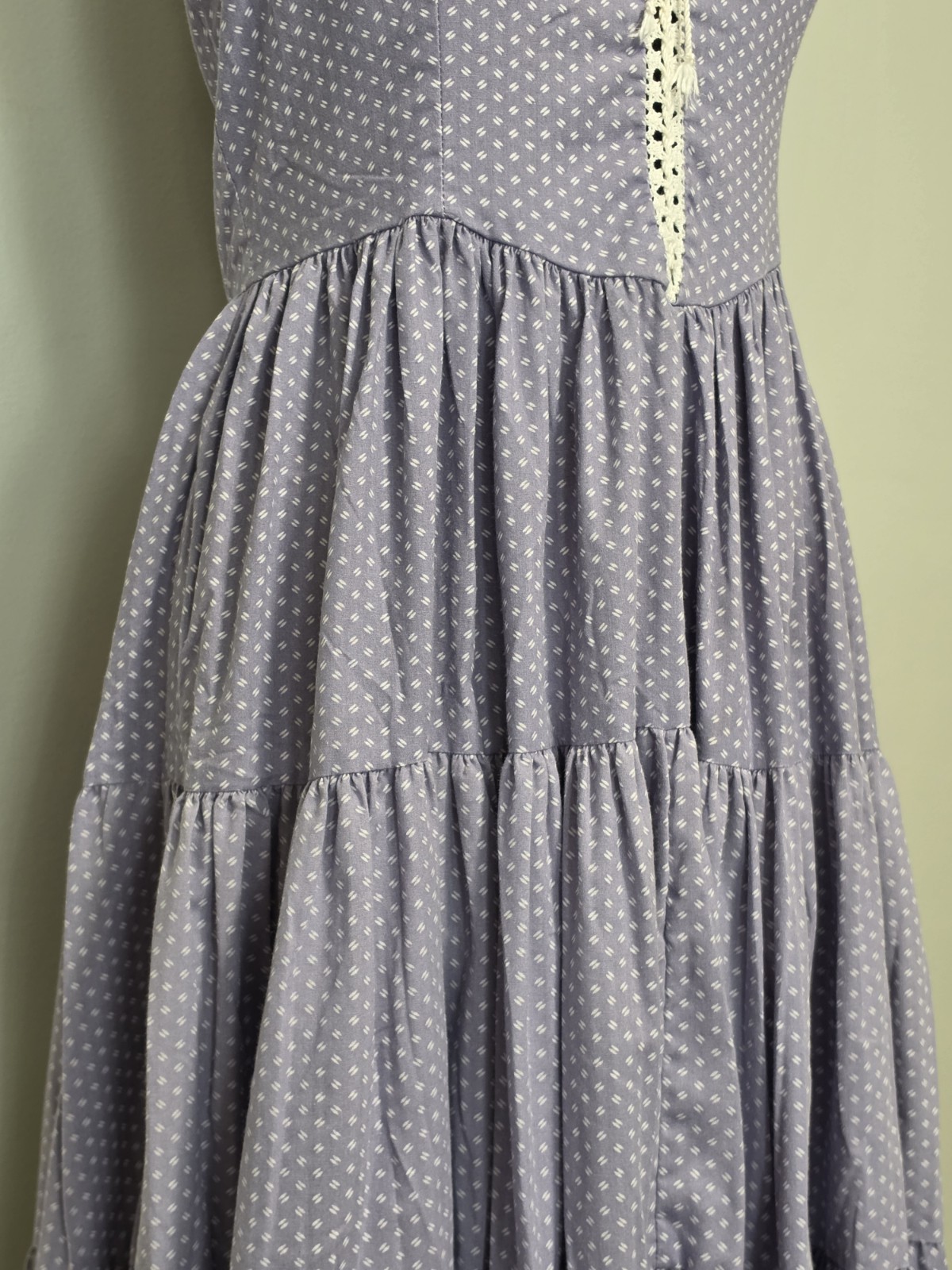 1970s Vintage Prairie Halter Dress Lace Up Chest Midi Blue Lilac Crotchet Trim M